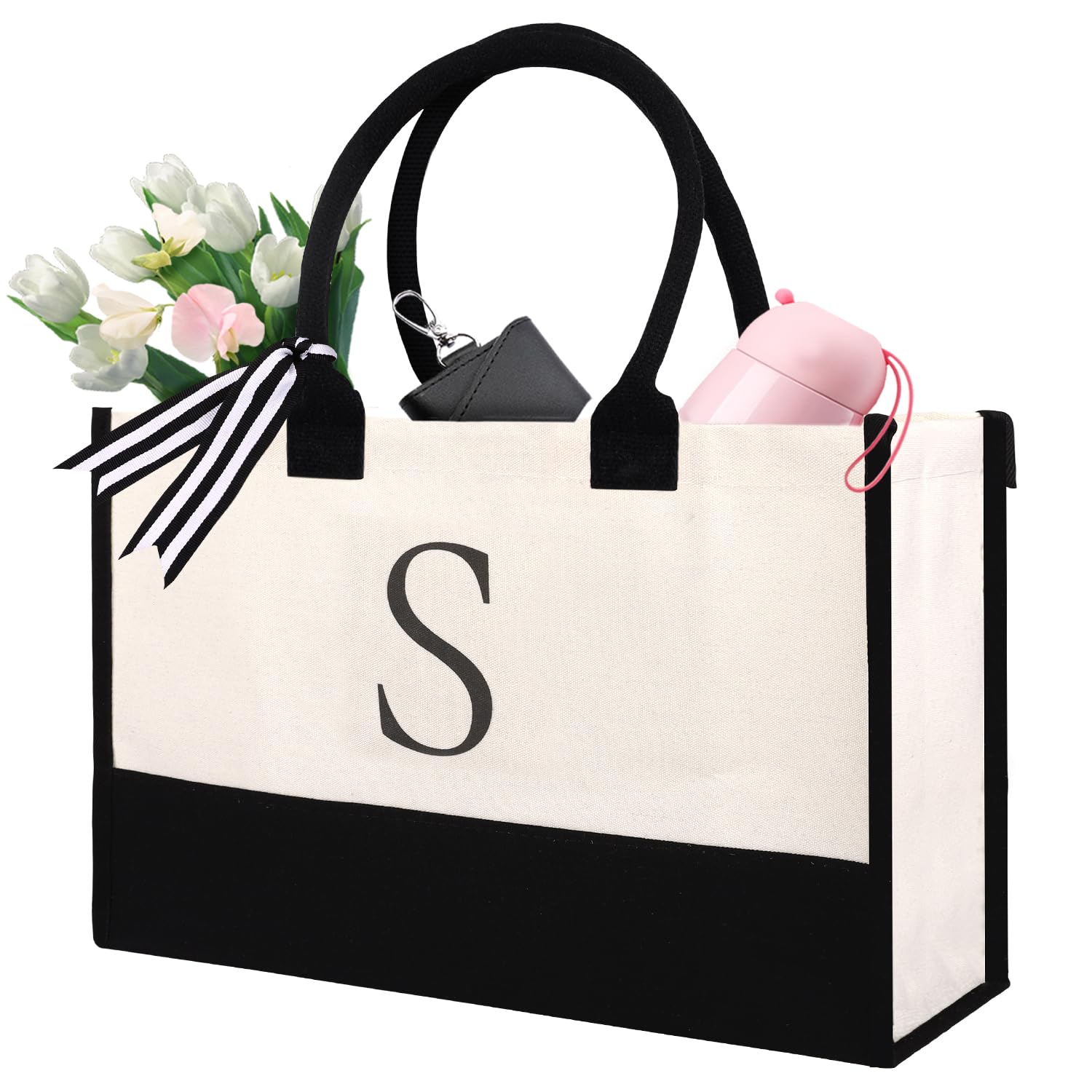 Lainlight Initial Canvas Tote Bag for Women Personalized Beach Bags for Holiday Birthday Gifts for Mom, Mother's Day Gift