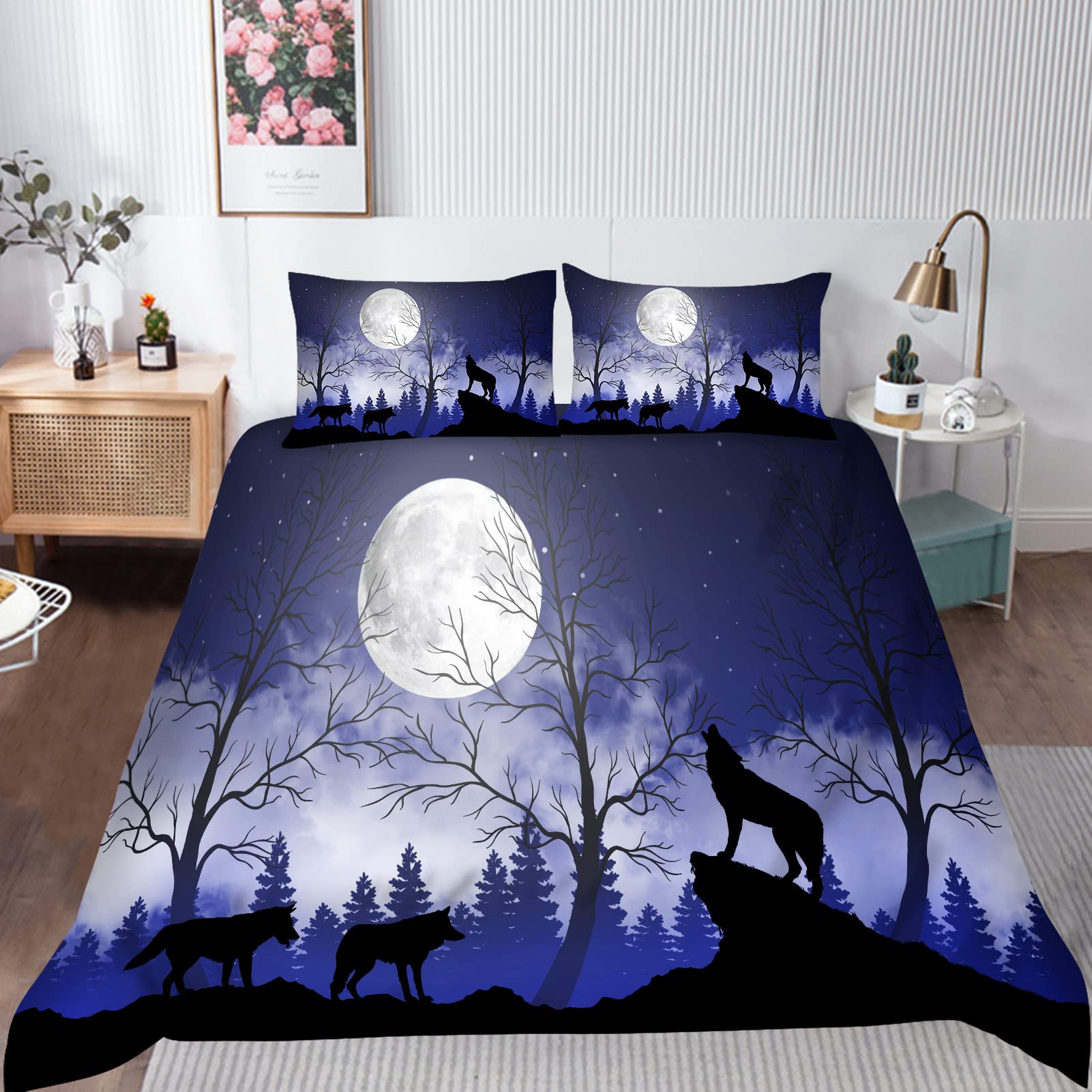 ANHOPE Wolf Duvet Cover Set Soft Comforter Cover Forest Wolves Moon Print Pattern 3 Piece Bedding Set including Pillowcase All Season Decorative Quilt Cover with Zipper for Kids Adults Double Size - Image 2