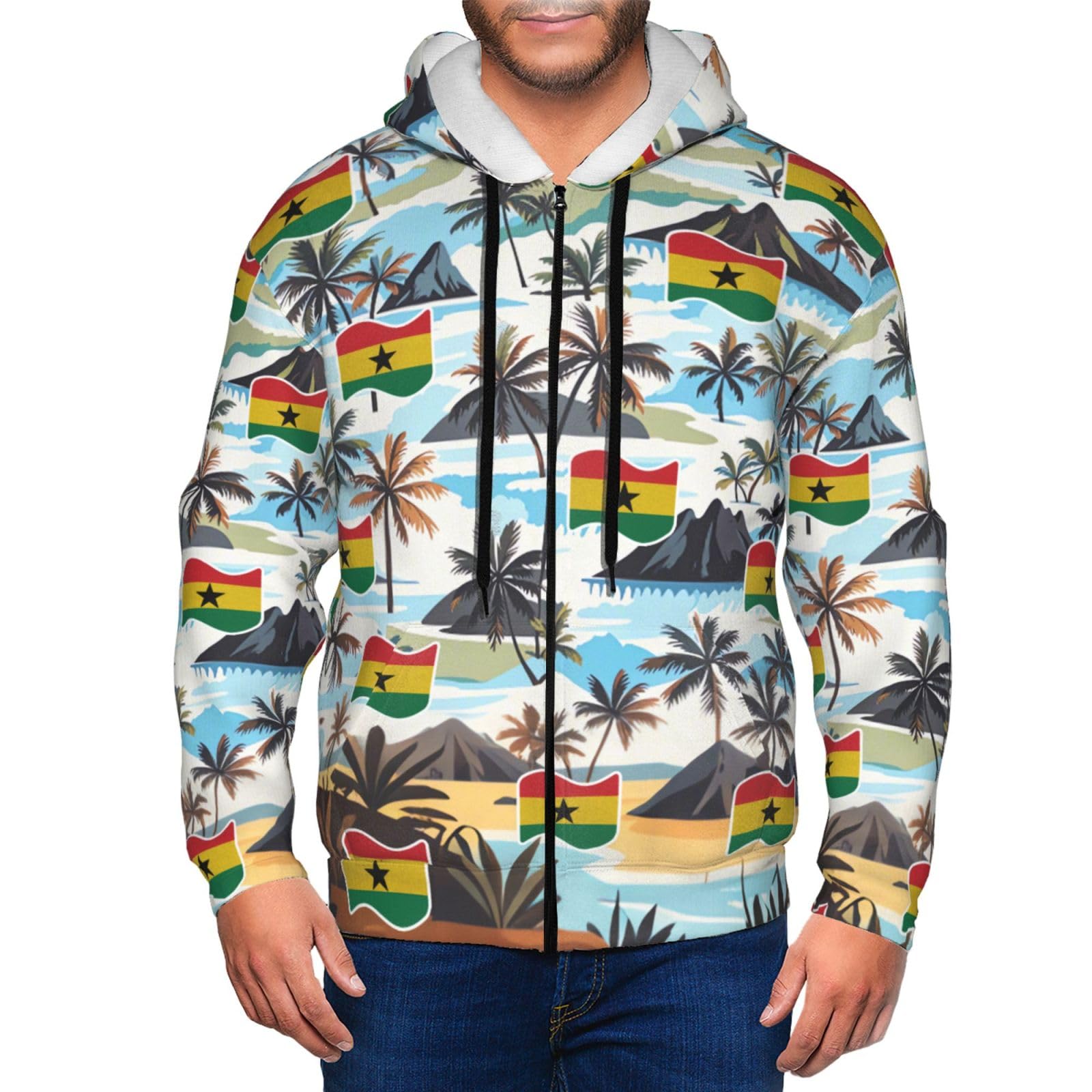 Men's Ghana Ghanaian Flag Zip Up Hoodies Coconut Trees Hooded