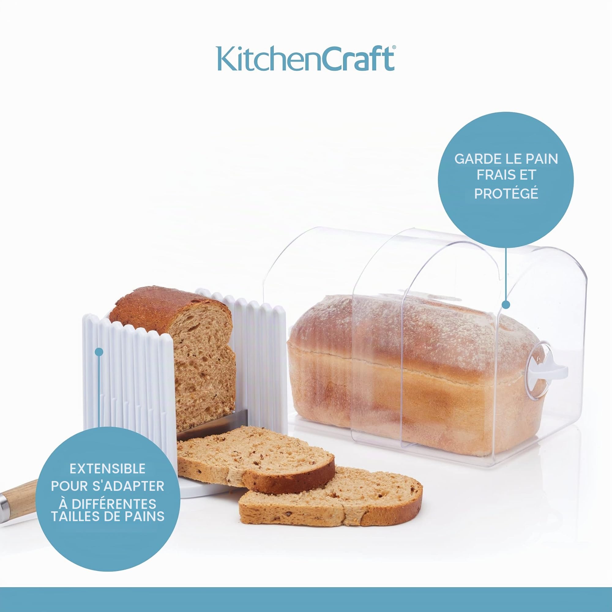 KC BLUE KitchenCraft Stay Fresh Boîte à Pain Extensible en Plastique avec Trancheur de Pain