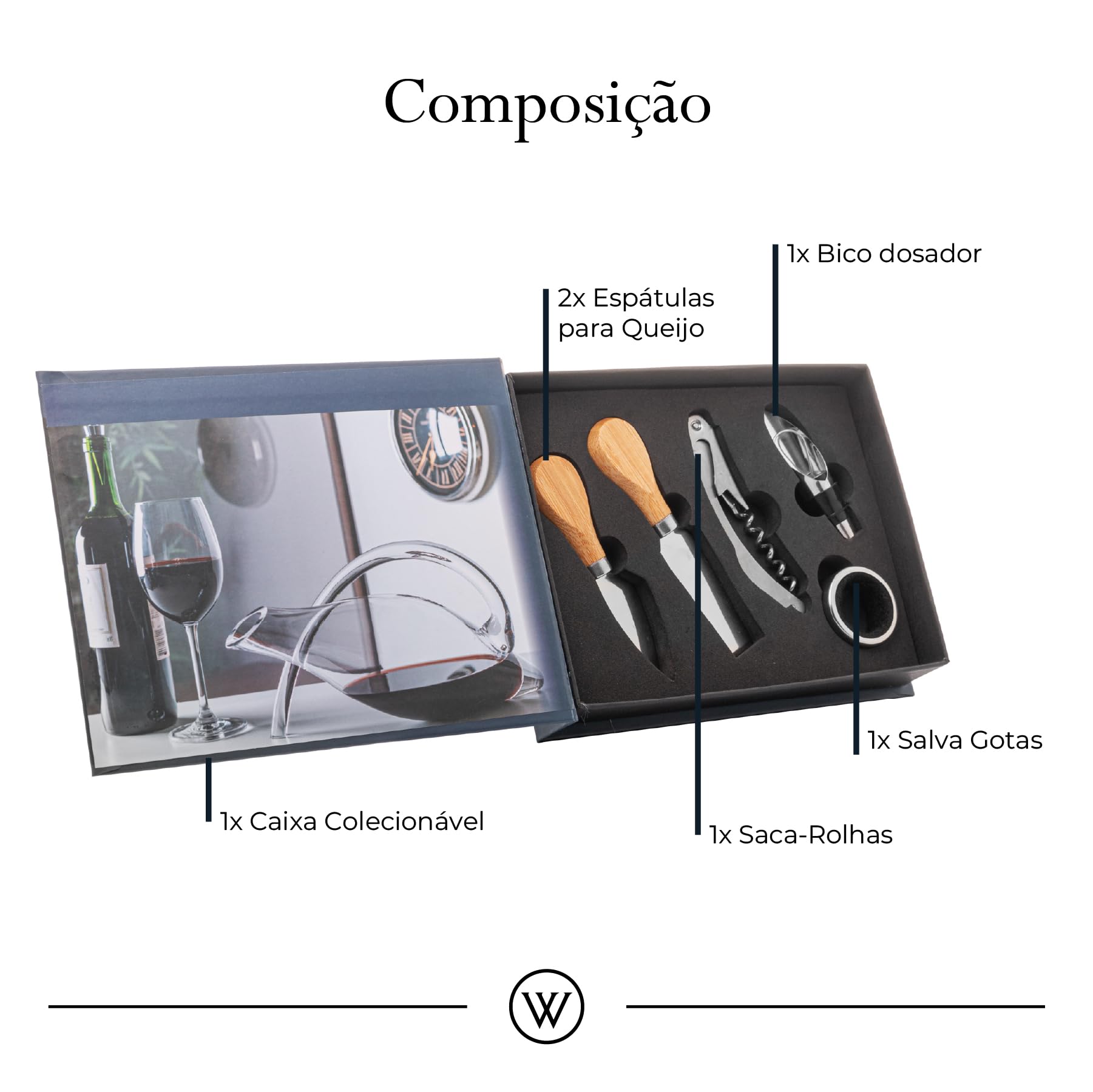 WOLFF - Conjunto 4 Peças de Aço Inox para Vinhos e Queijos