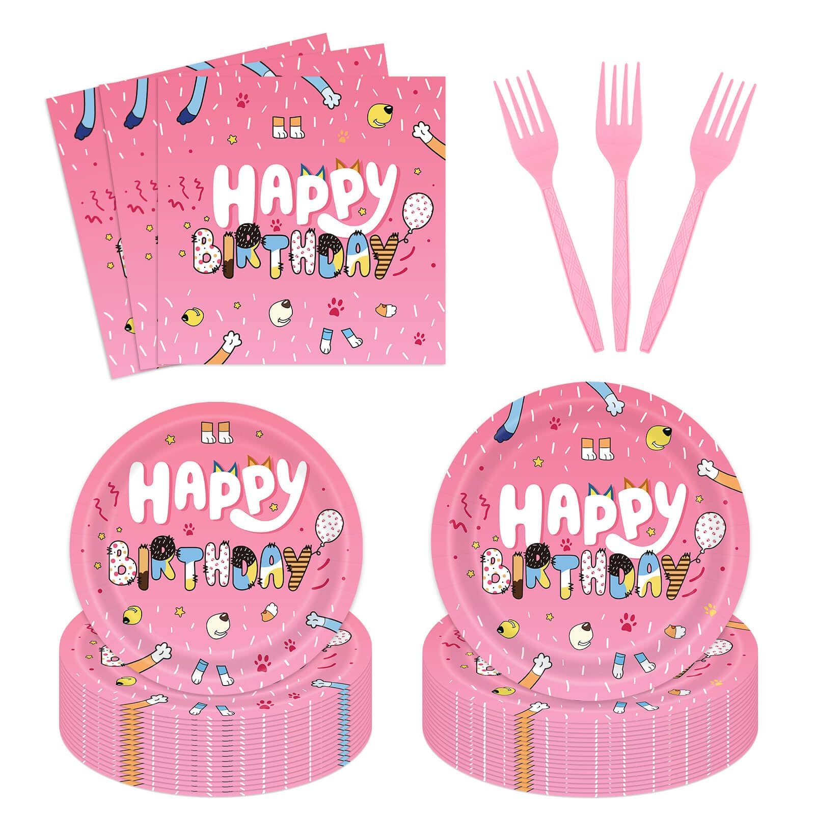 Photo 1 of  Cartoon Pink Dog Tableware Set Disposable Dinnerware for Girls Birthday Party Bday Pink Decorations with Plates and Napkin