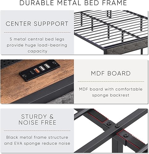 Miniatura 13 de Base de cama LED King con cabecera de almacenamiento, plataforma tapizada con estación de carga y luces LED, listones de metal pesado, no necesita