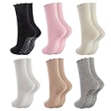 MKYSZLT Pilates Grip Socks for Women 6 Pairs Cute Ruffle Yoga Grippy Socks Non Slip Grips Cotton Crew Sock for Barre Workout