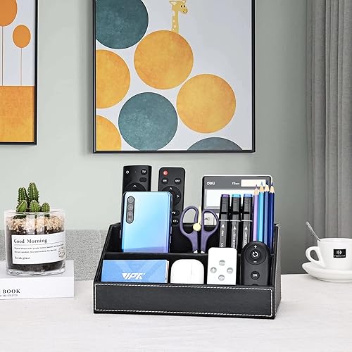 Miniatura 6 de KINGFOM Organizador de escritorio de piel sintética con soporte de 5 compartimentos, organizador multifuncional de almacenamiento de suministros de