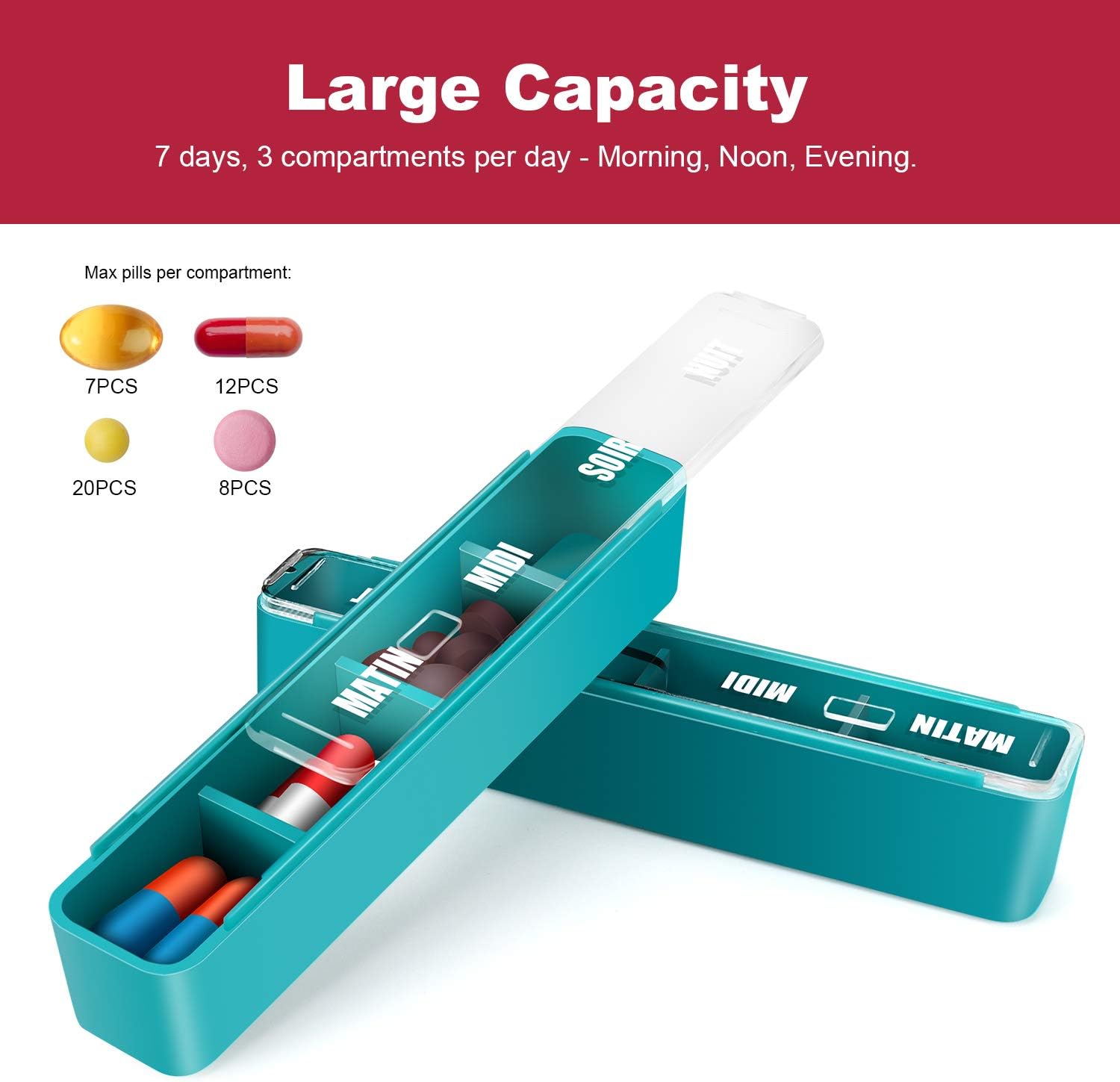 Weekly Pill Organizer 7 Day 4 Times a Day, Daily Pill Box Organiser 7 Day Portable Travel Organizer with PU Leather Case Large Daily Pill Cases for Pills/Vitamin/Fish Oil/Supplements - Red Wine : Health & Household