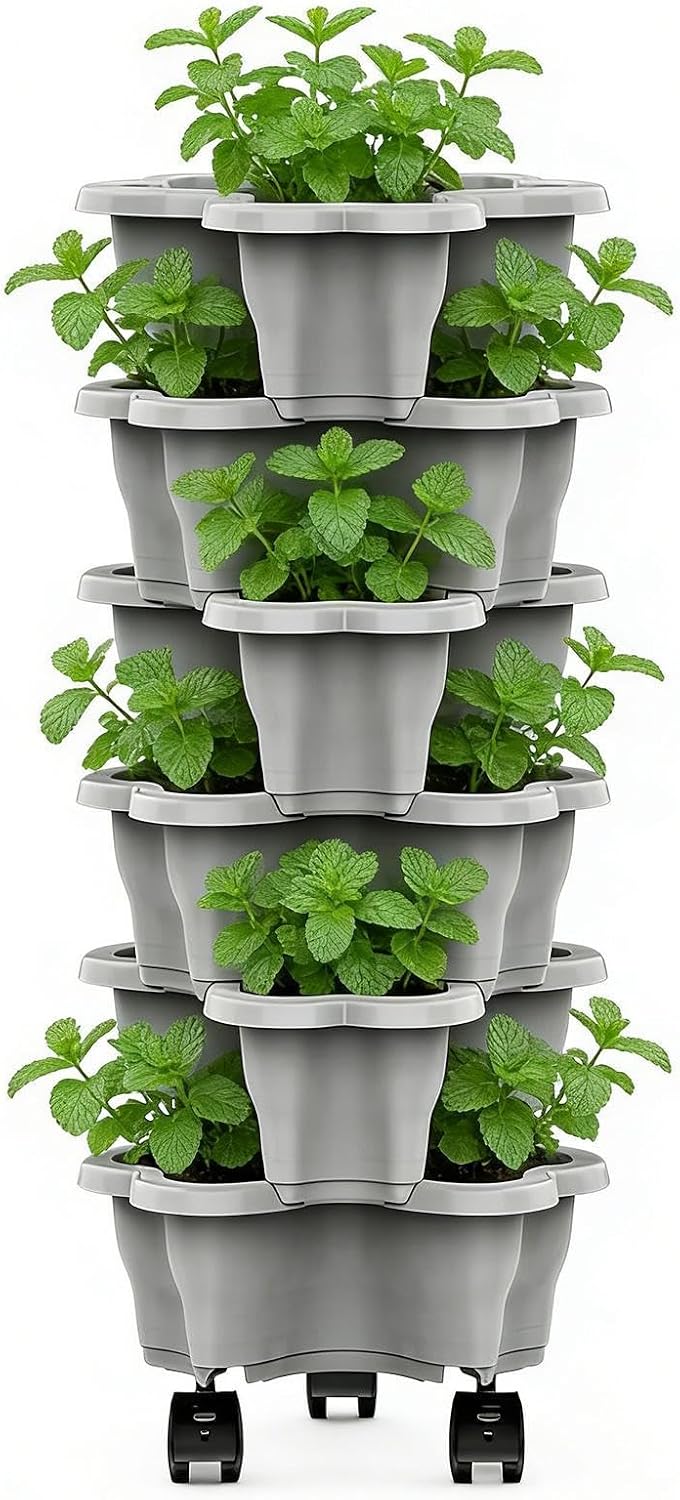 Rolling Vertical Strawberry Planter Tower, 6-Tier Space-Saving Stackable Garden Pots, For Herbs, Vegetables And Blooms, Great For Patio, Balcony, Greenhouse And Home Gardening Projects