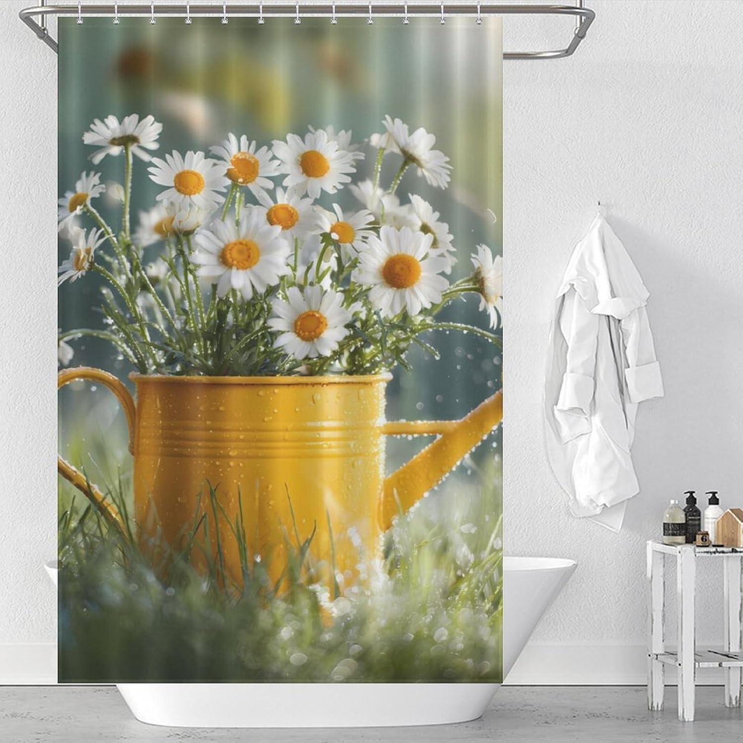 Daisies Watering Can Grass Shower Curtain 46.85x70.87Inch（119x180cm） Polyester Bath Curtain Shower Curtains Printed Decorative
