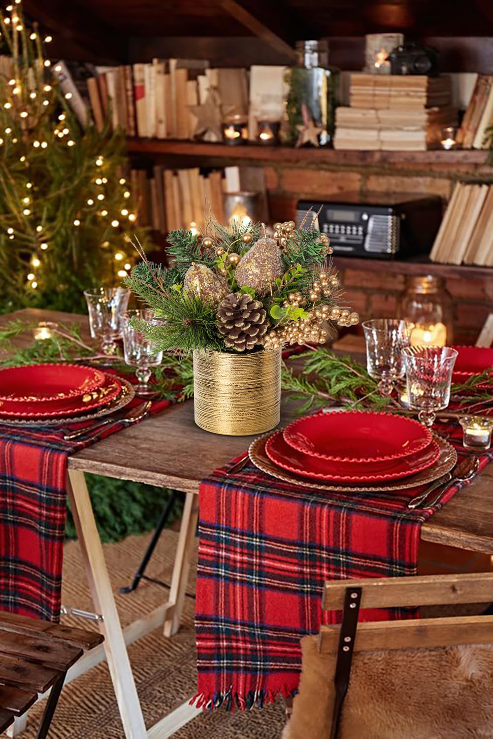 Oairse Mini árbol de Navidad de mesa planta artificial en maceta decoración navideña con bombillas y piñas de pino, para decoración navideña decoración del hogar cocina mesa de comedor, planta