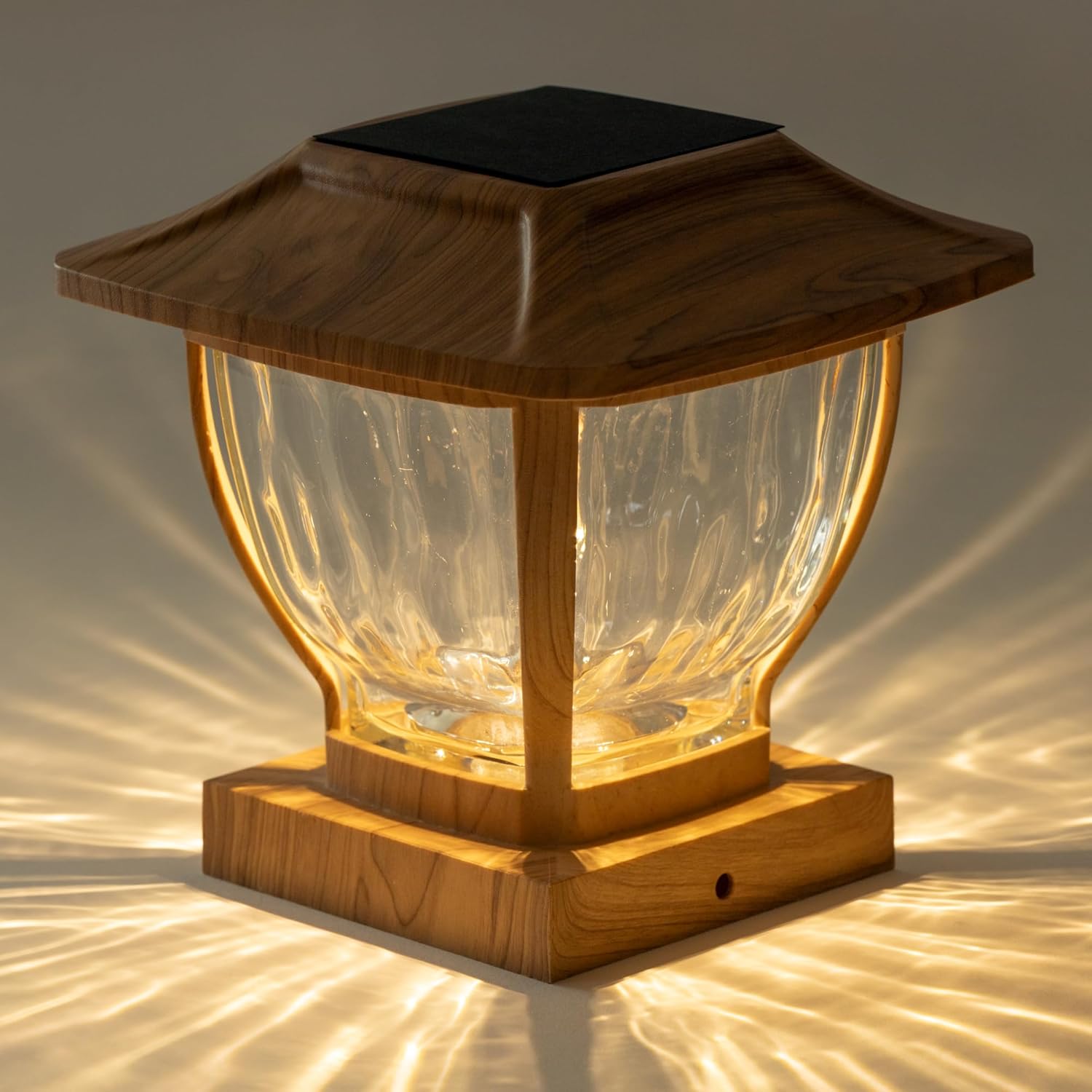 Maxsa 41881 Solar Wave Glass Post and Fence Cap Lights, Dusk-to-Dawn Solar-Powered Lighting, 3 Super Bright LEDs, 30 lumens of Warm-White Light, Fits 4x4, 5x5 & 6x6 Posts, Oak Wood Finish, 2-Pack