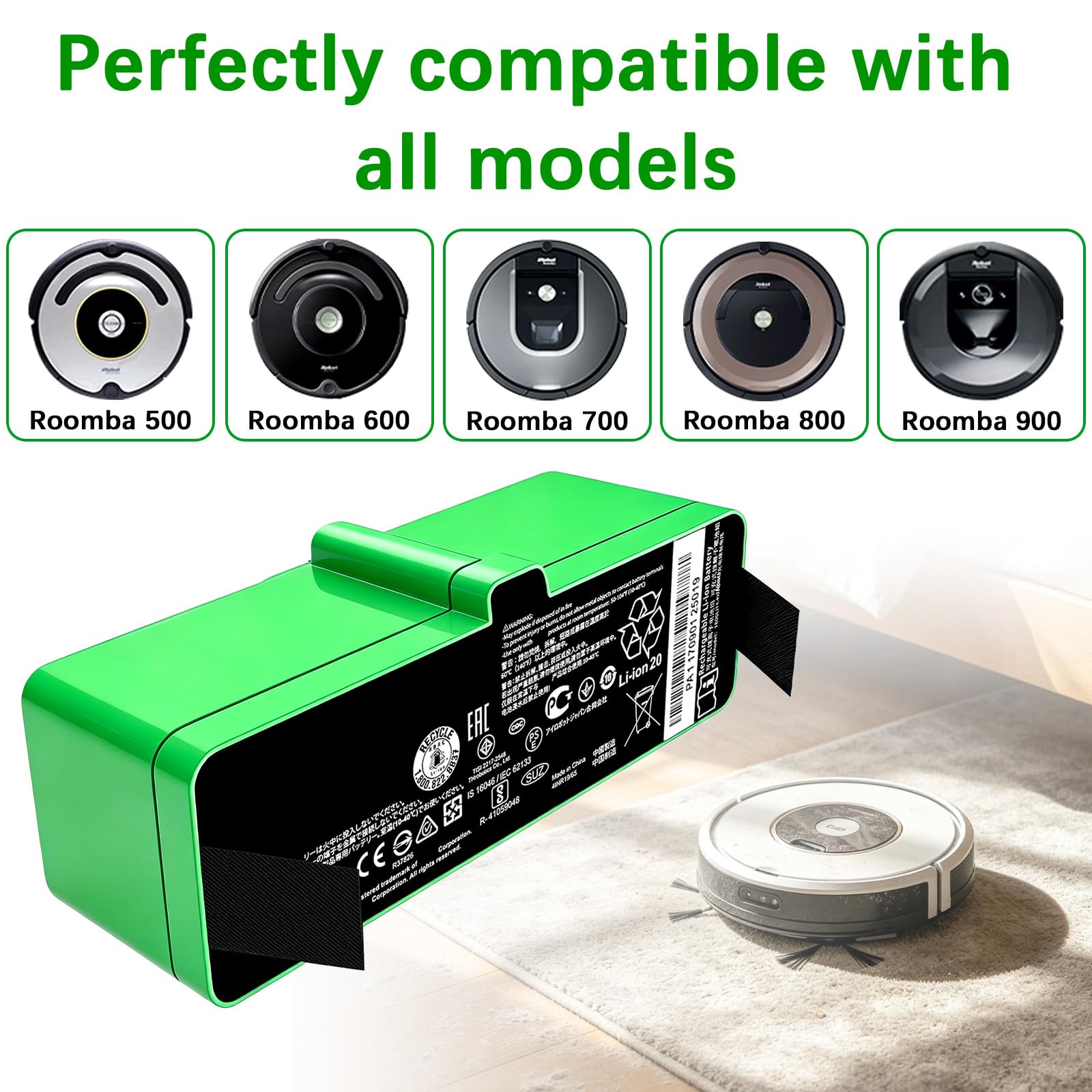 Batería de repuesto para iRobot Roomba 500, 600, 700, 800, 900, 1800 mAh, compatible con 614, 615, 640, 652, 665, 670, 671, 675, 680, 685, 690, 695, 960, 960, 995, 960, 995, 960, 995. 80 cm, 98 cm 1