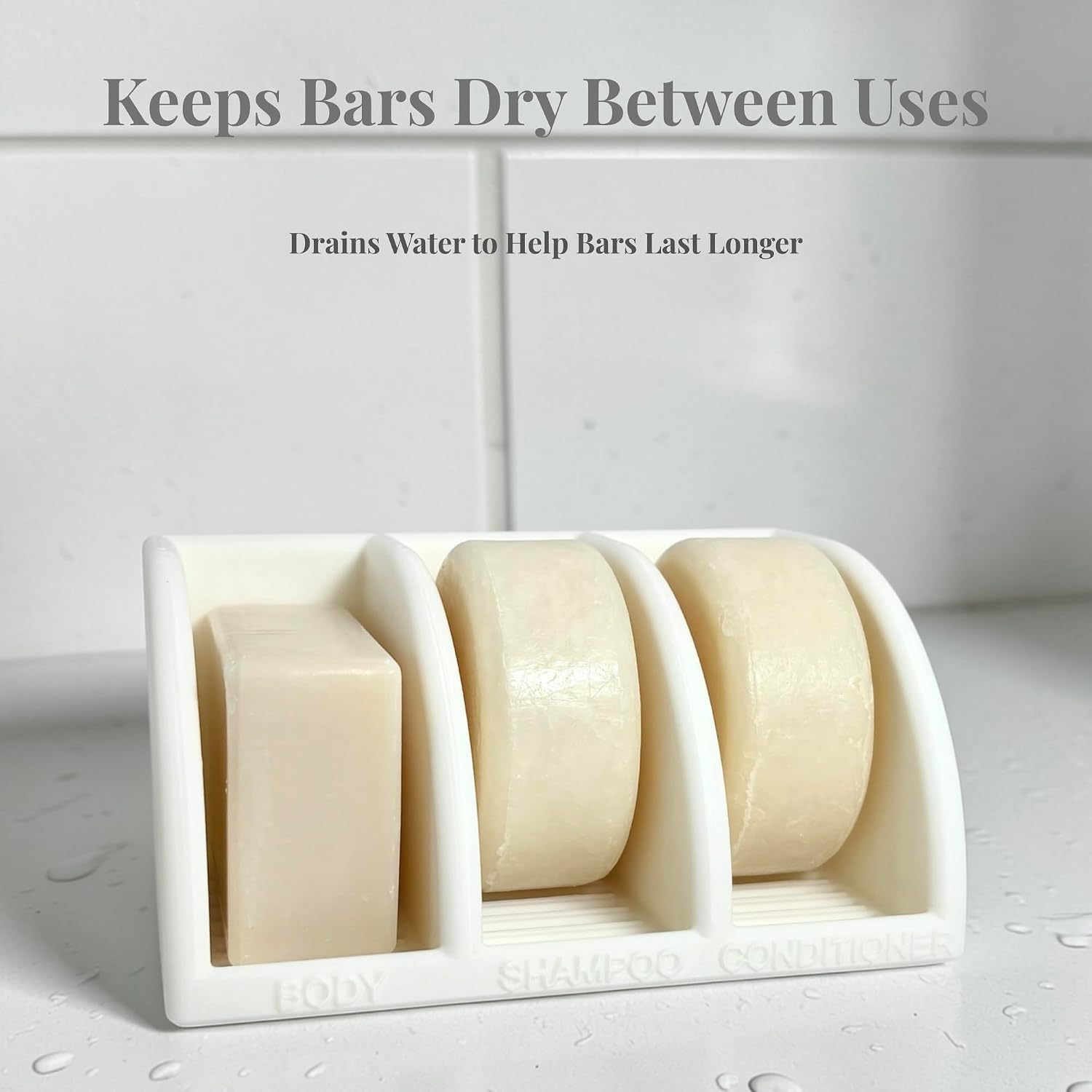Shampoo Bar Holder for Shower, 3-Slot Soap & Conditioner Organizer with Drainage - Keeps Bars Dry & Lasts Longer - Modern Bathroom Organizer by Essence & Abode (Jade White)