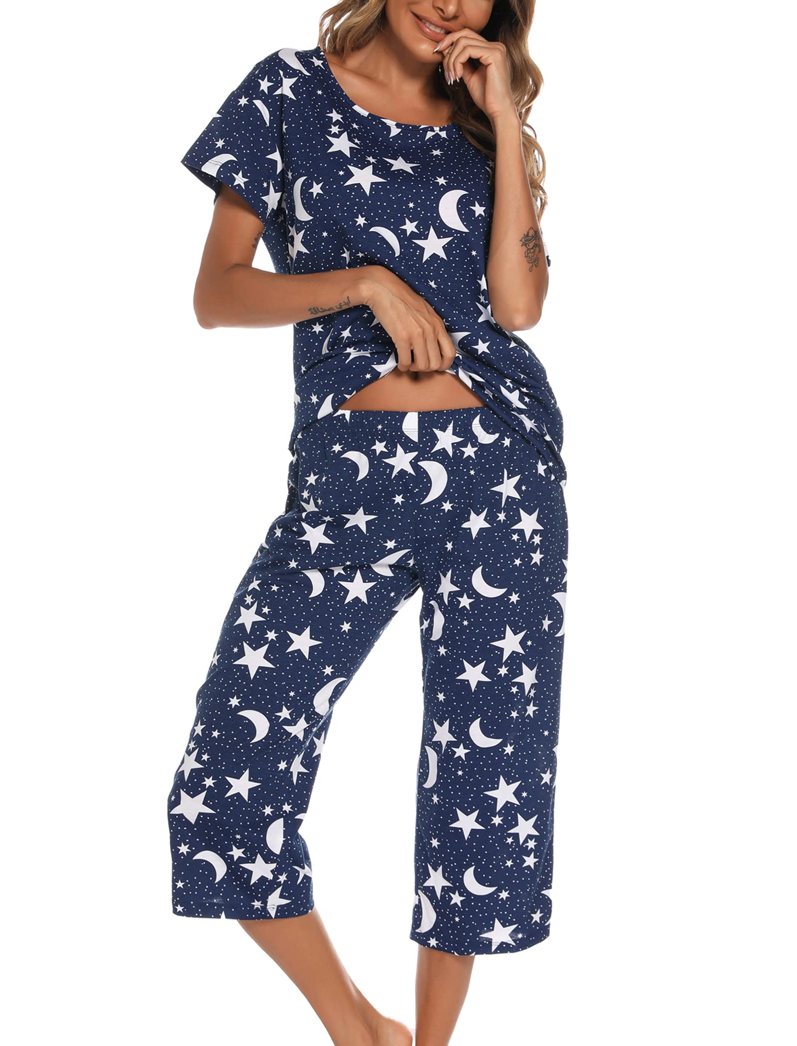 ENJOYNIGHT - Pijama corto para mujer, de manga corta, con pantalones de dormir de 3/4, ropa de dormir de dos piezas, de S a 3XL