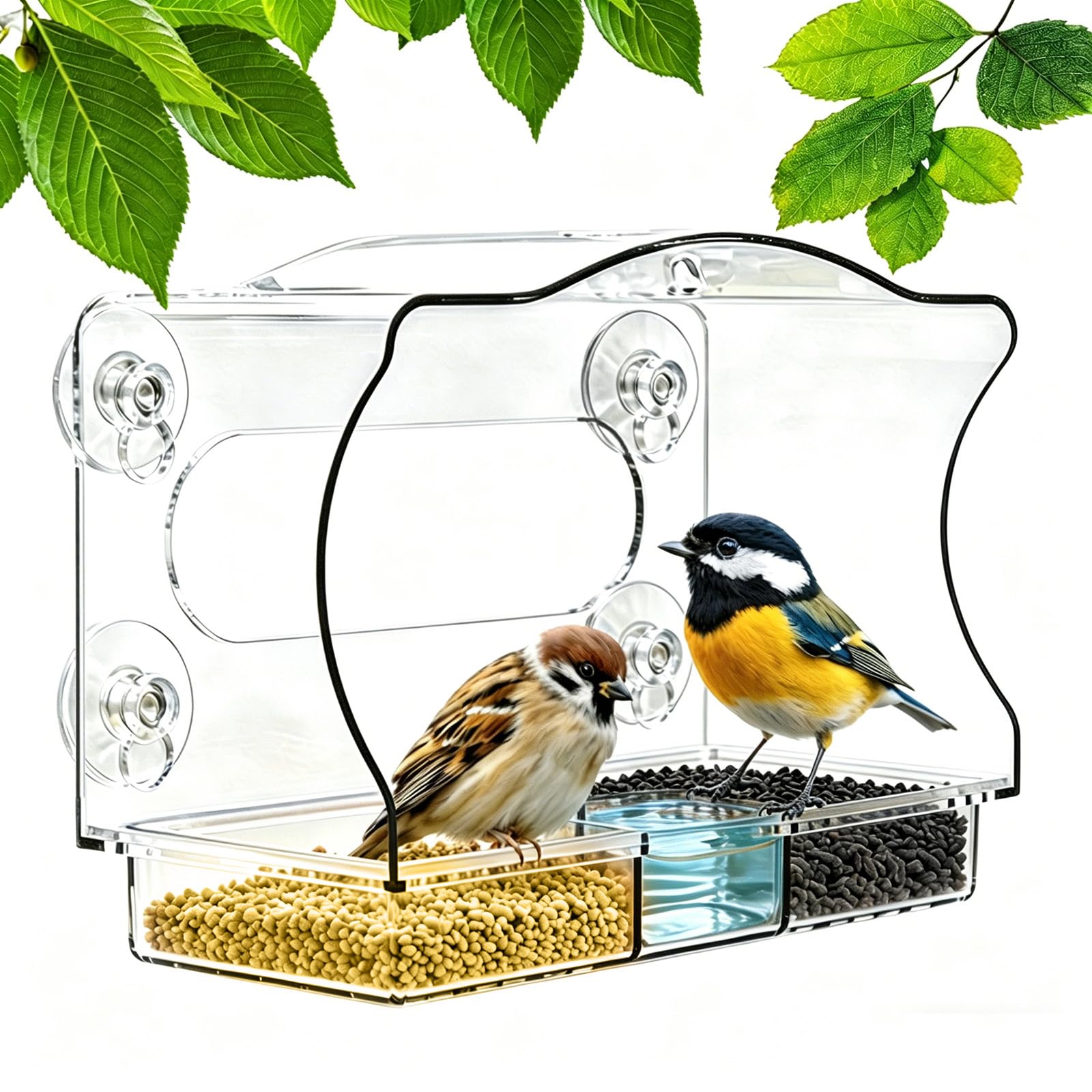 Window Bird Feeder, Clear Bird Window Feeder with 4 Strong Suction Cups and Removable Tray for Bird Watching, Acrylic Bird Feeders for Small Birds Only
