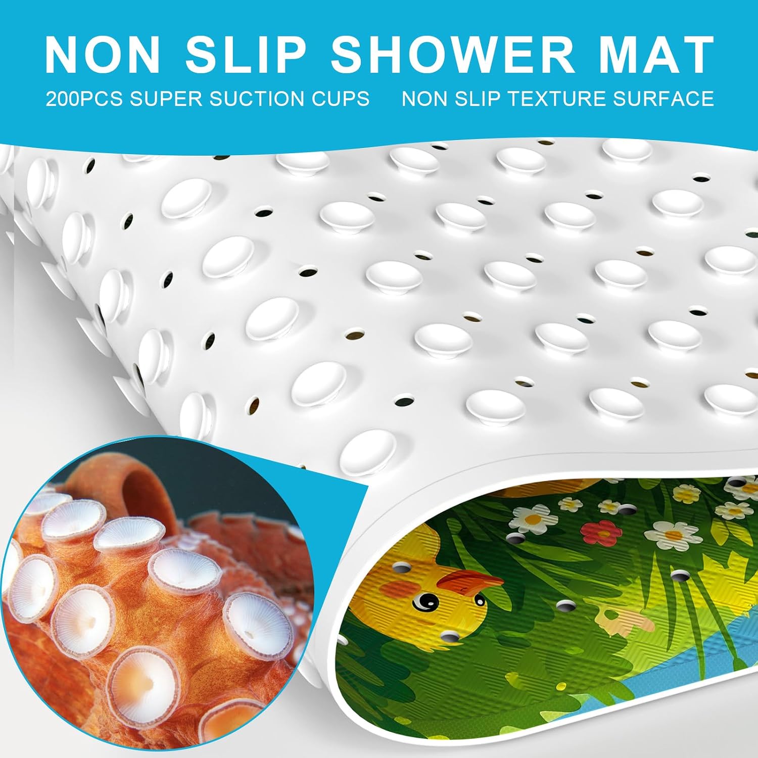 XIYUNTE Baby Bath Mat for Tub Non Slip Kids, BPA Free Extra Long Bathtub Mat 40x16 with Drain Holes and 200 Suction Cups, Non Toxic Machine Washable Toddler Bath Mat, Eco-Friendly Certified