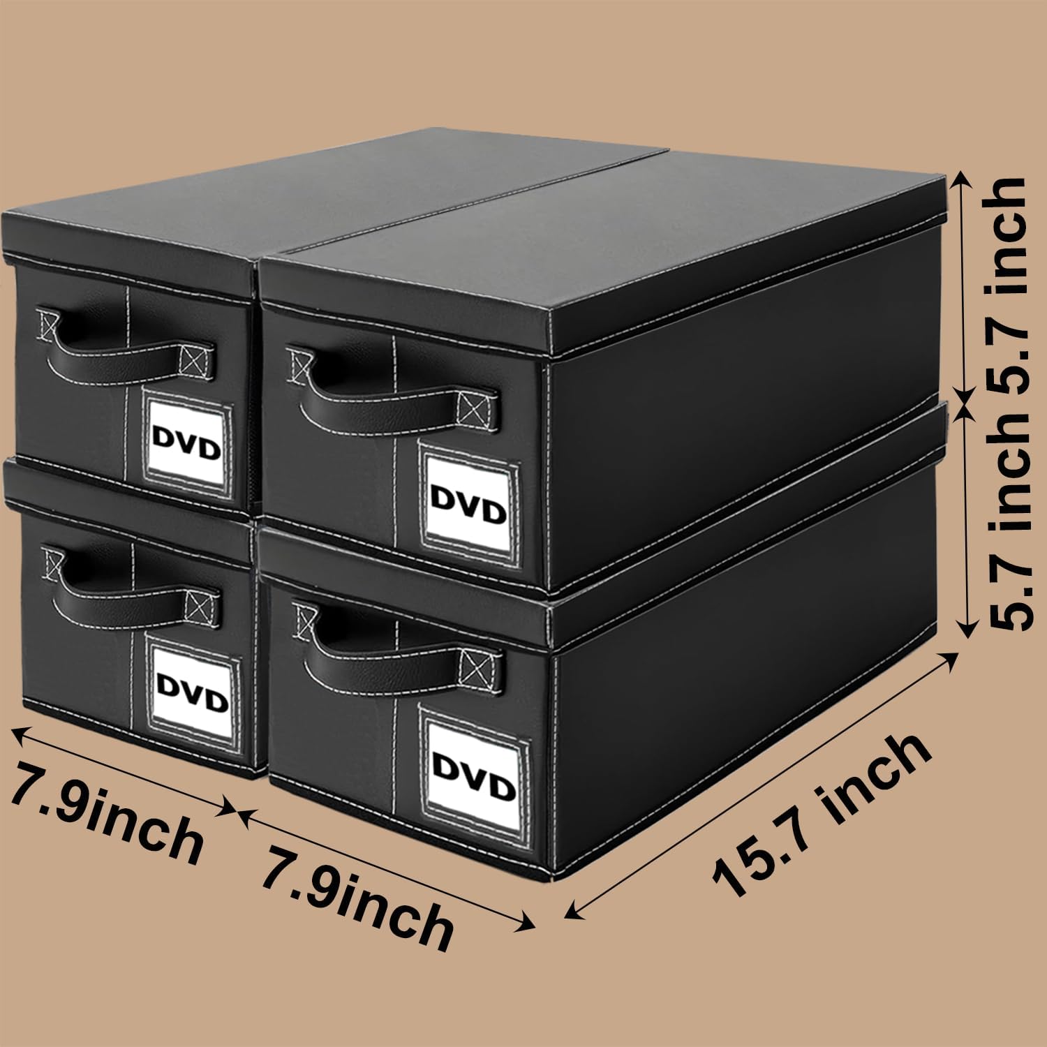 DVD Storage Boxes - 4 Pack, Holds 100 DVDs, PU Leather Media Organizer Case for Blu-ray, Game & Movie Discs with Handle, 15.7x7.9x5.7 Inches, Desktop or Closet Storage
