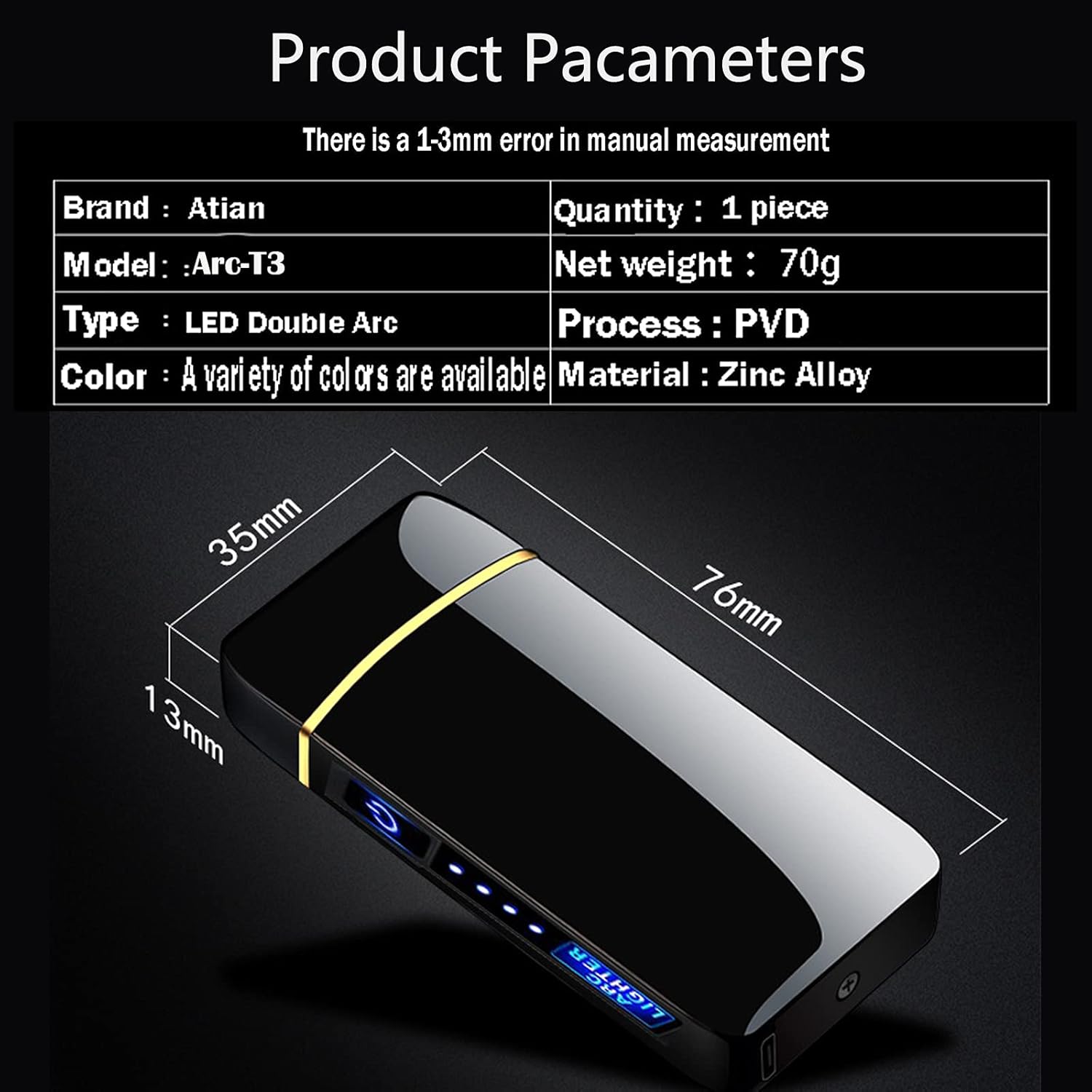 Diagram showing the dimensions of the ZOIPPDMS T3-Tiger Arc Lighter
