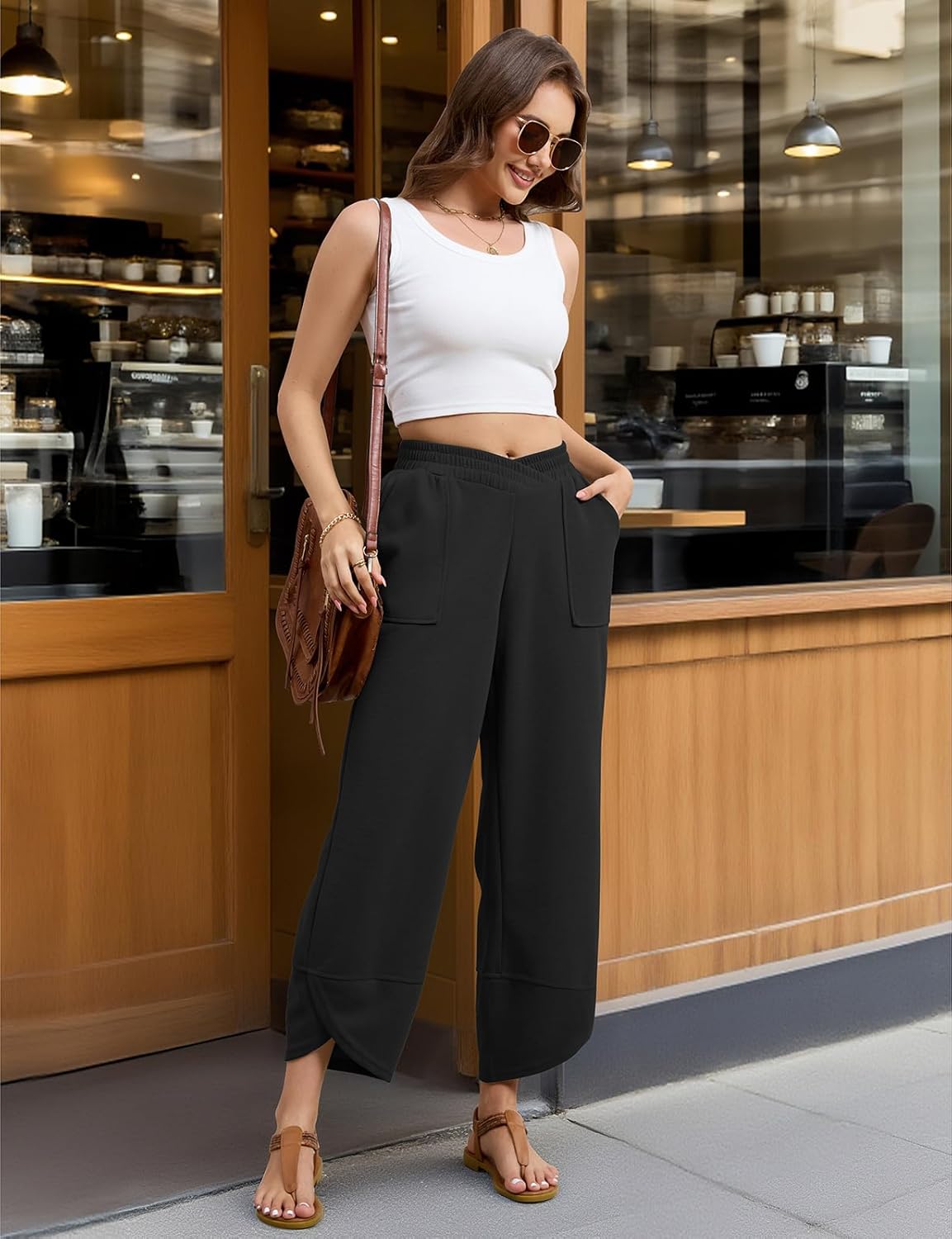 Viracy Womens Baggy Wide Leg Pants Casual Cross Elastic Waist Palazzo Wrap Hem Harem Pants with Pockets - Image 2