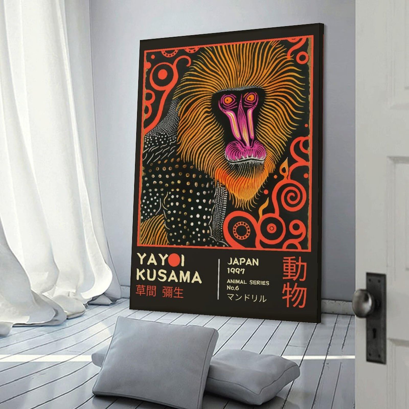 Junmoney Frame-Style-19 Canvas Wall Art Yayoi Kusama Mandrill No.6 Exhibition Poster, 08X12inch(20X30cm), For Lounge, Study, Hallway Or Flat Walls, Canvas Wall Art That Fits Changing Layouts