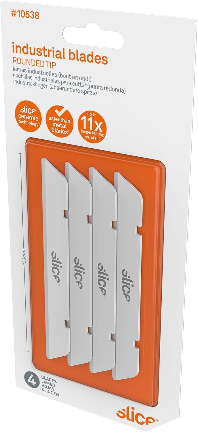 Slice 10538 Extra Long Industrial Blade, Advanced Ceramic, Ideal for Insulation, Batting, Foam, Finger-Friendly Safety Blade, Lasts 11x Longer Than Metal, Rounded Tip (4 Pack)