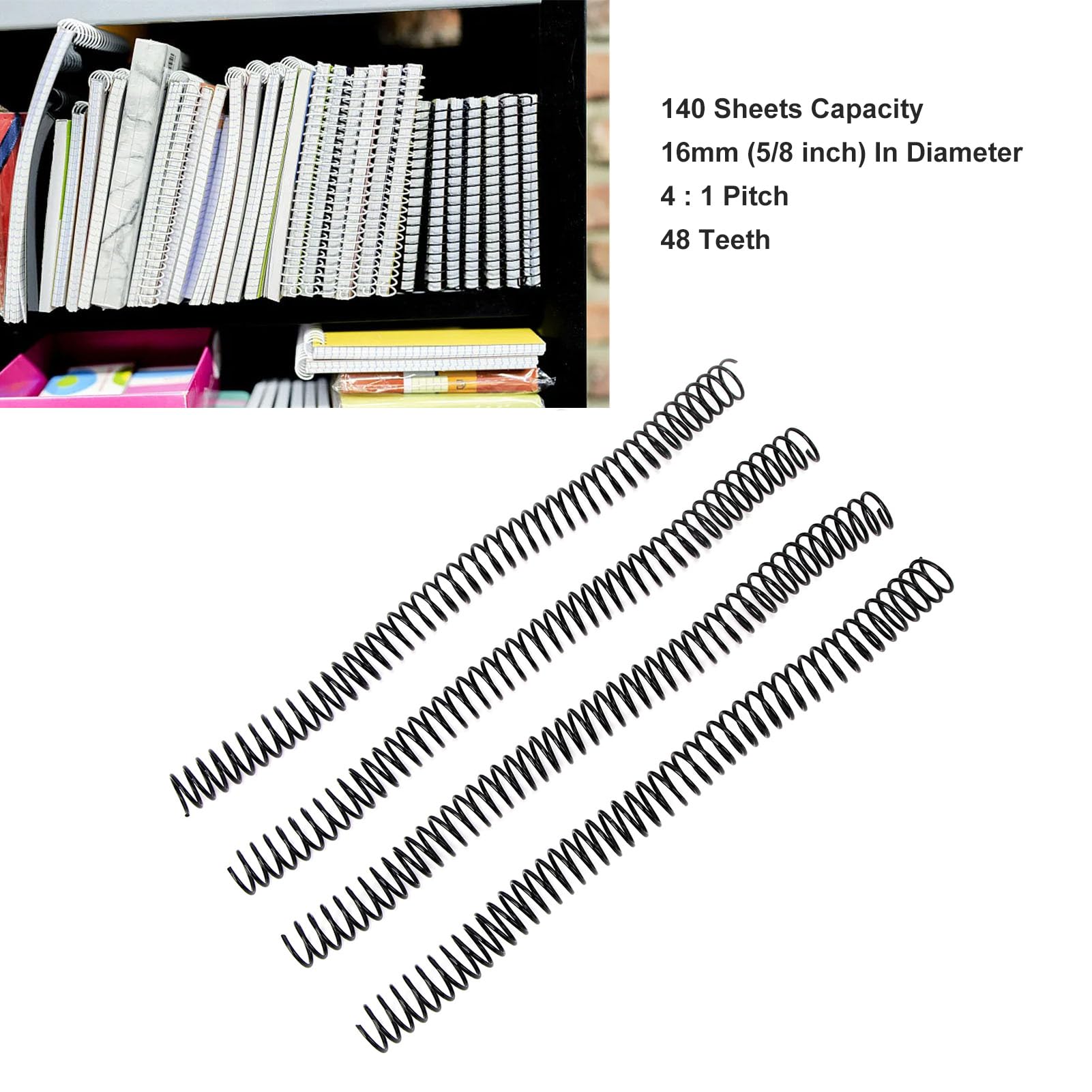 Bobine di rilegatura a spirale da 16 mm, dorso di pettini di rilegatura in plastica da 100 pezzi, bobine di rilegatura con passo 4:1 per carta A4, dorso di rilegatura a spirale in (Nera)