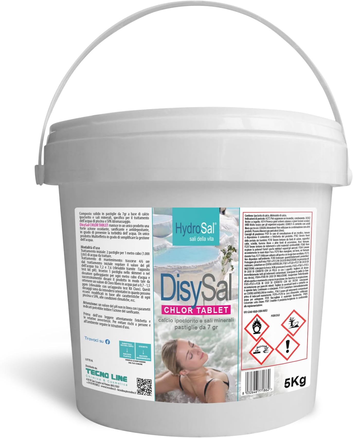 DisySal Chlor Tablet 5 kg Calcium Hypochlorite + Mineral Salts in 7 g Tablets for Swimming Pool and Hydromassage (Jacuzzi, Teuco, Dimhora, Intex, Betway, etc.).