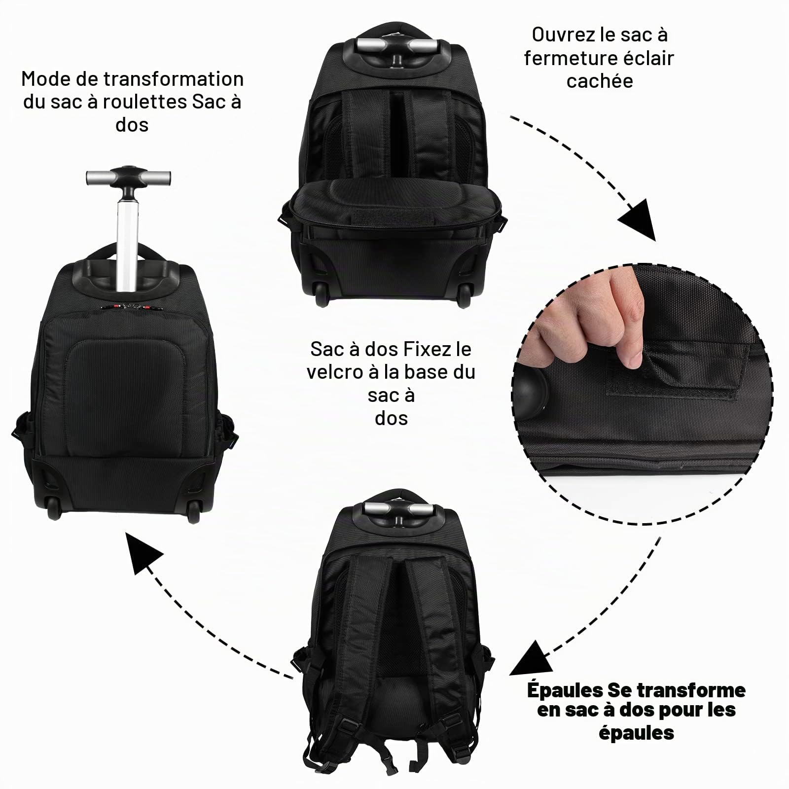 Hivexagon Sac à Dos Ordinateur Portable à Roulettes, 19 pouces Sac à Dos à Roulettes résistant à l'eau Cartable a Roulette - parfait pour les voyages, les étudiants et les affaires (noir)