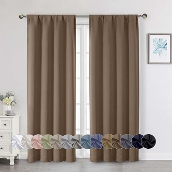 Brown Blackout Curtains for Bedroom Living Room 72 Inches Long 2 Panels Set, Soft Solid Thermal Room Darkening French Door Curtain, Modern Rod Pocket Design, Brown, 40" Wx72 L