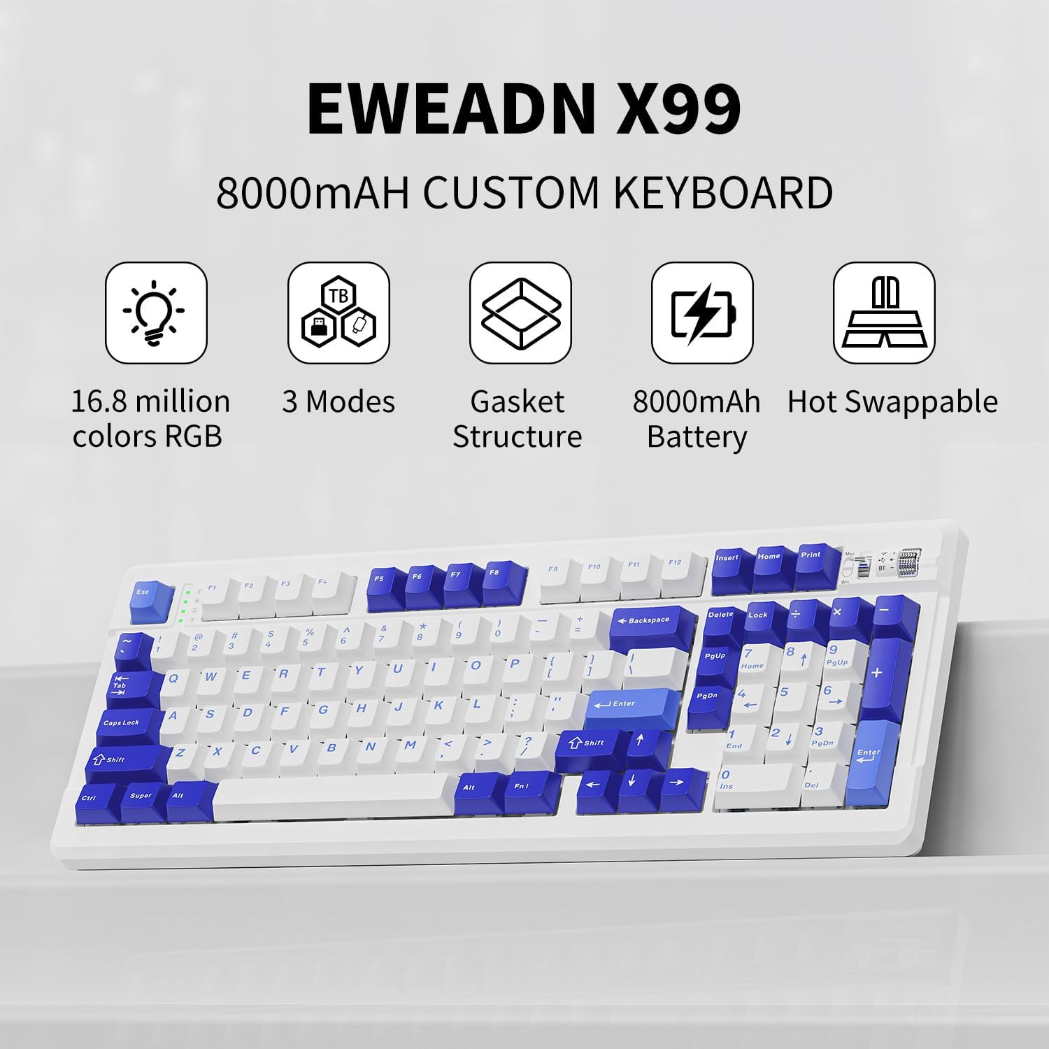 EWEADN X99 keyboard highlighting 16.8 million RGB colors, 3 modes, gasket structure, 8000mAh battery, and hot-swappable feature
