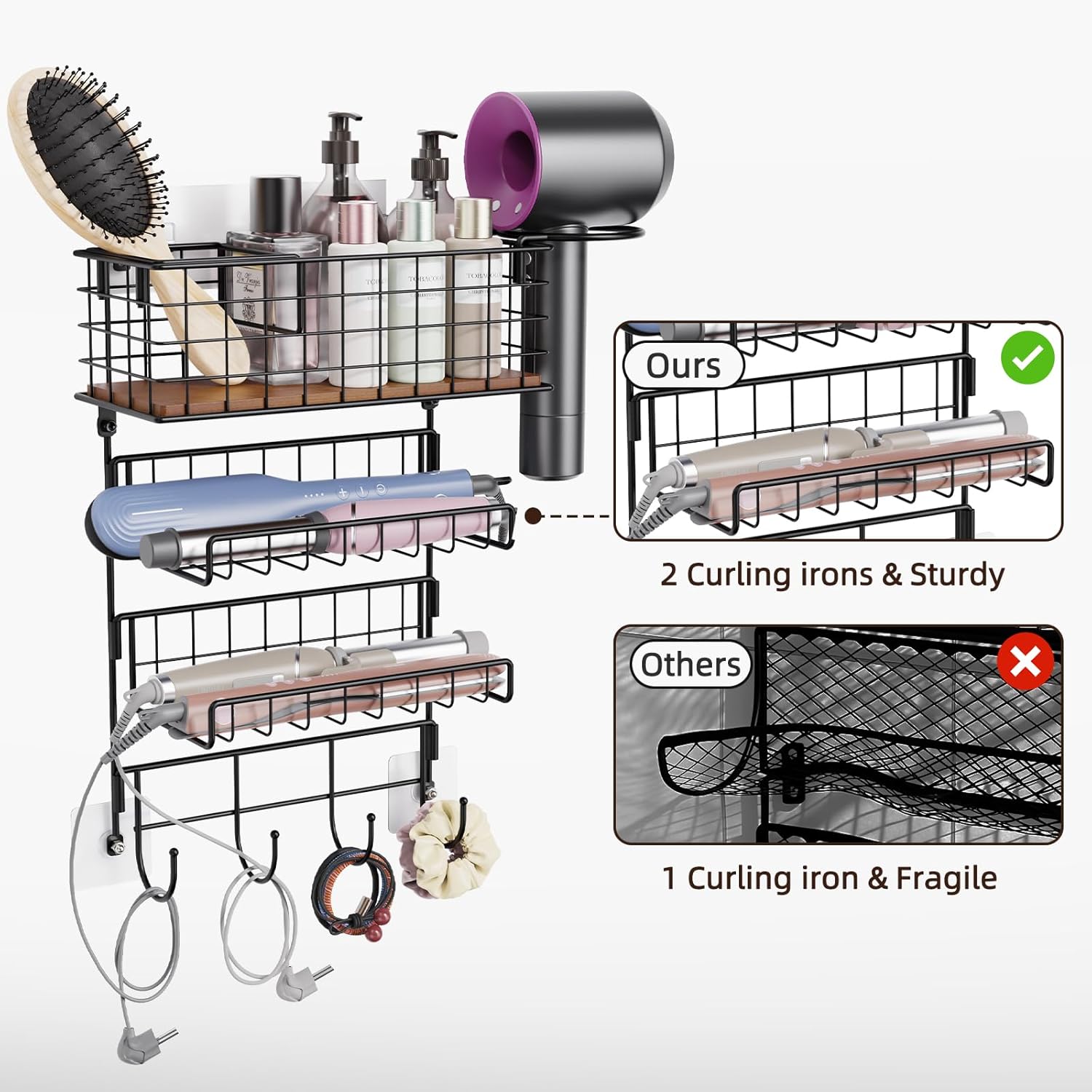 2 Tiers Hair Tool Organizer Wall Mounted, 2 Curling Irons Per Shelf Heat-Resistant, Storage Basket for Hair Tools, Adhesive and Screw Mount for Hair Dryer Straightener in Bathroom,Black with Hook