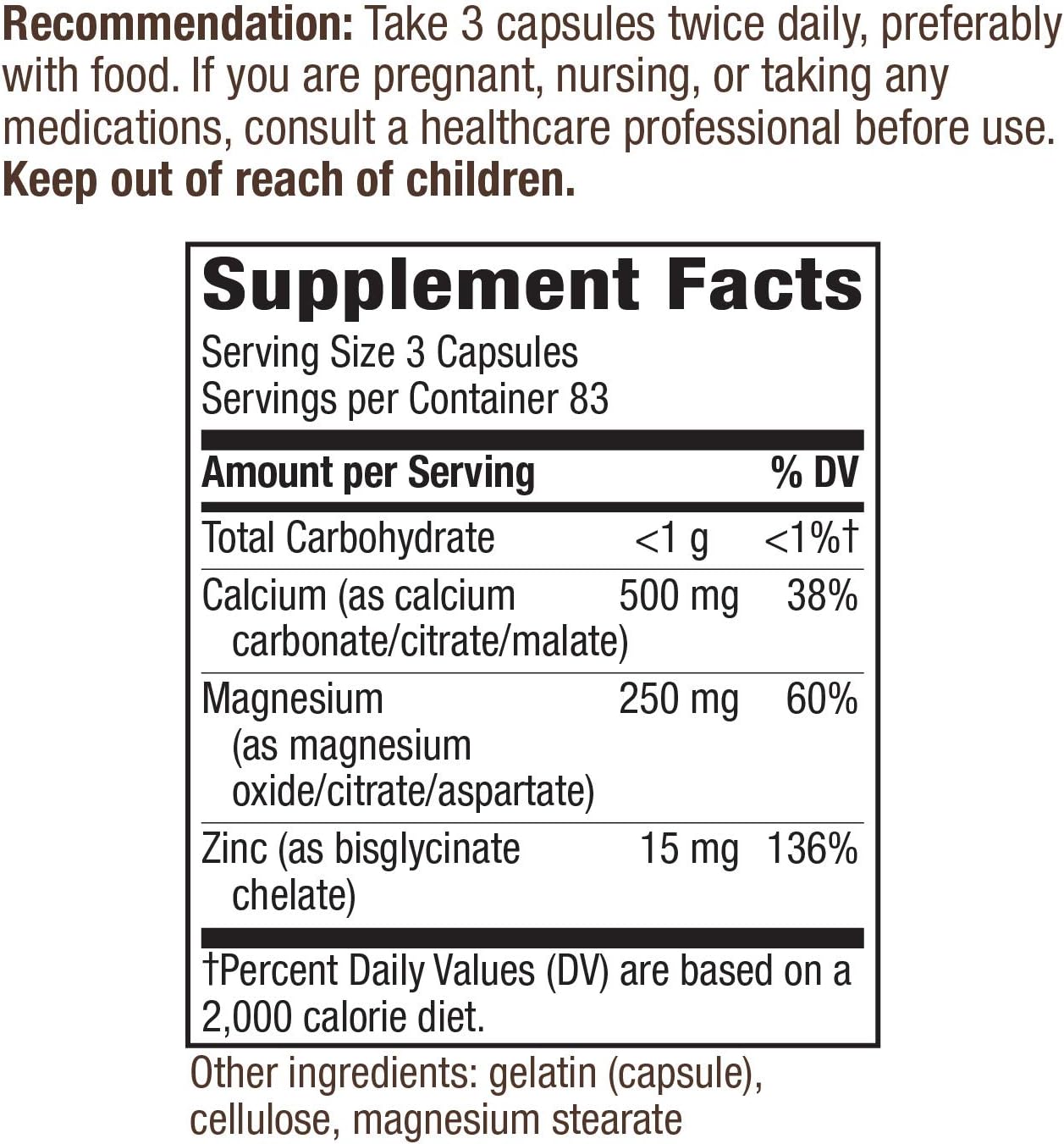 Nature's Way Calcium, Magnesium & Zinc, 765 mg per Serving, 250 Capsules : Everything Else