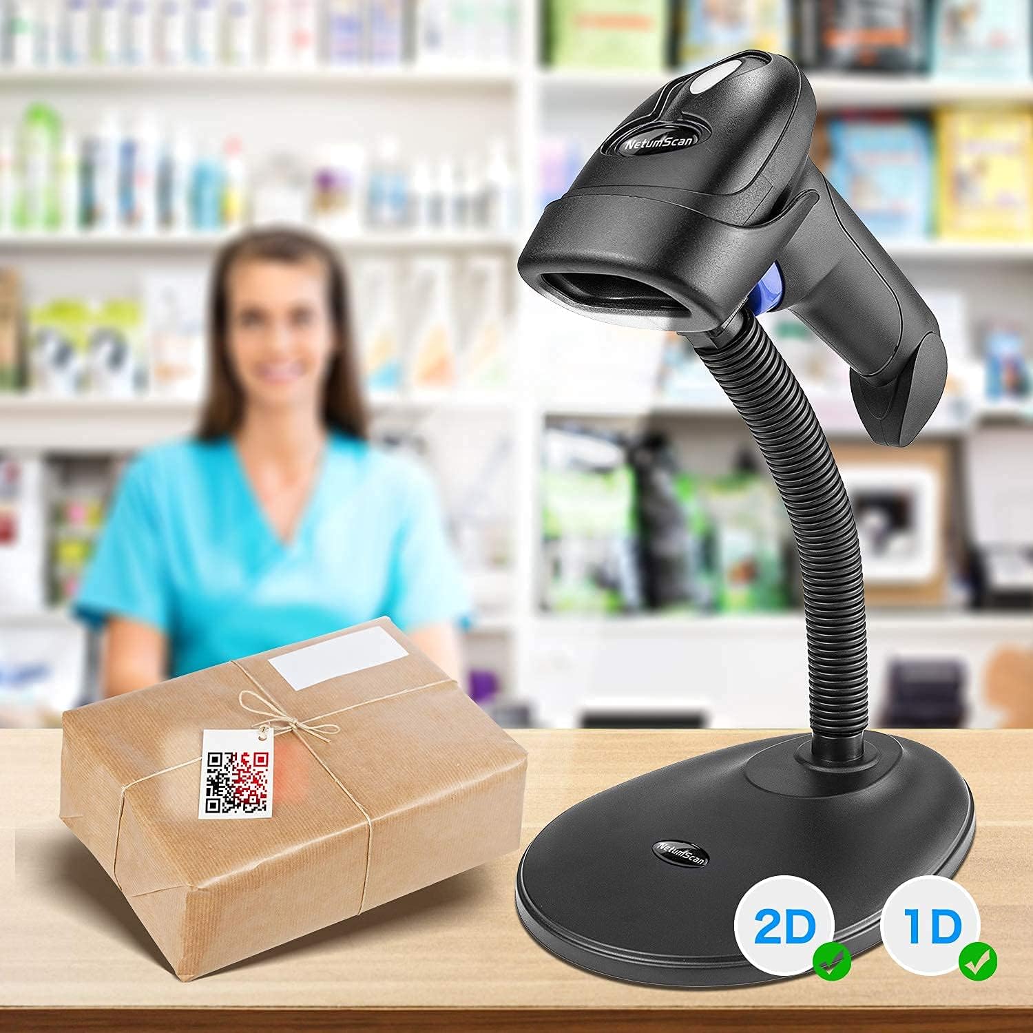 NetumScan Handheld USB 1D Barcode Scanner with Stand & Wireless 1D 2D Barcode Scanner with Stand, Automatic QR Code Scanner Supports Screen Scan Handheld CMOS Image Bar Code Reader