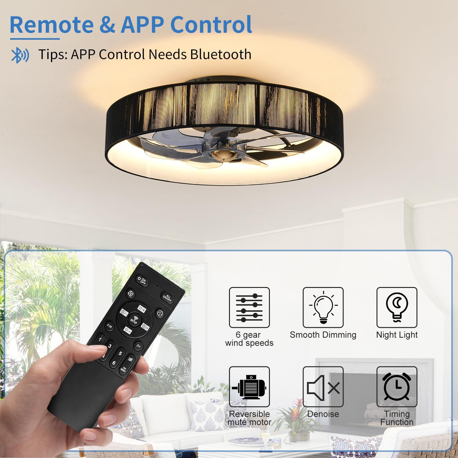 19.6" Flush Mount Rattan Farmhouse Chandelier Ceiling Fan with Light Remote Control,Boho Ceiling Fans with Lights,Dimmable 3 Colors 6 Speed Timer,Rustic fabric Hanging Light Fixtures for Bedroom