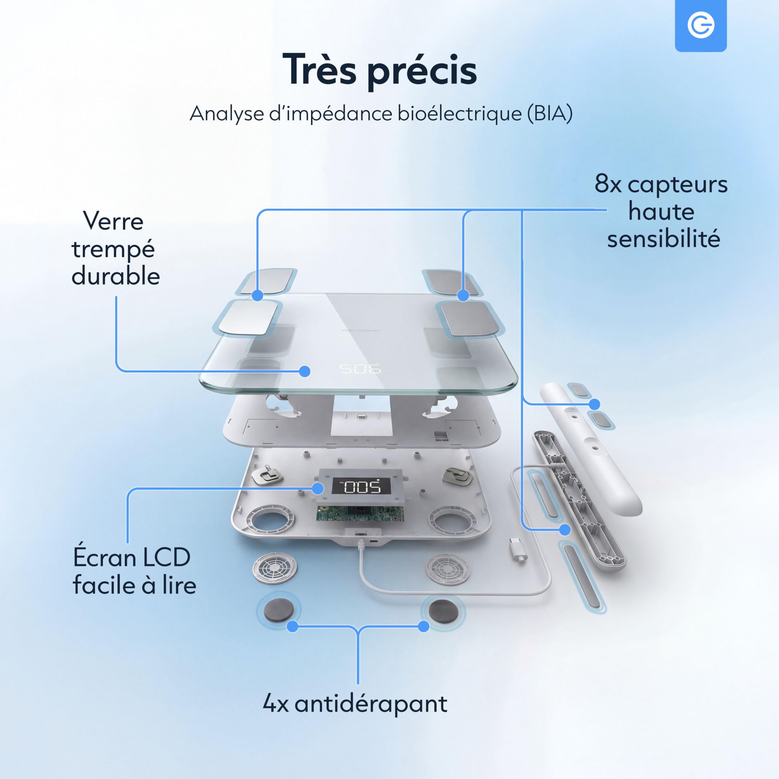 Silvergear® Pese Personne avec Poignée | Balance Pese Personnes | Analyse de Graisse Corporelle, Masse Musculaire, IMC, Poid des Os, BMR, Fr. Cardiaque | Impédancemètre avec App | Blanc