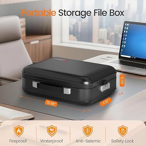 Vista 2 de Caja de Documentos Ignífuga con Cerradura, Caja Organizadora de Archivos Resistente al Fuego de 5200°F, Caja Fuerte de Maletín Duro Resistente al