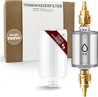 Alb Filter® TRAVEL Nano Trinkwasserfilter mit Anschluss-Set für Camping, Wohnwagen und Caravan. Qualität Made in Germany (Edelstahl Natur)