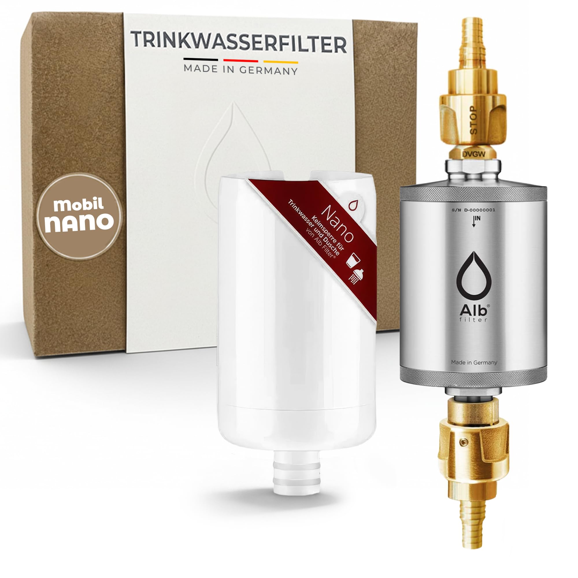 Alb Filter TRAVEL NANO Einbaufilter Camping Edelstahl Natur | Zertifizierte Keimsperre bis 0,1 µm gegen Keime, Festeinbau-Filter für Wohnmobil, Camper & Boot, Made in Germany