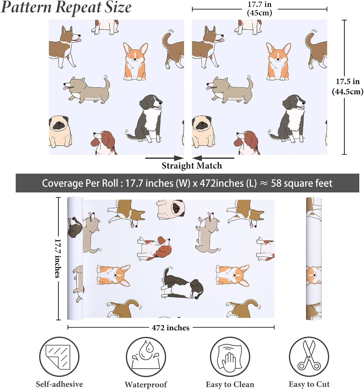 Funny Dog Wallpaper Stick and Peel Kids Baby Nursery Wallpaper Self Adhesive Removable Animal Farmhouse Wall Paper 17.7"x472" Waterproof Cute Dog Contact Paper for Walls Classroom Pets House