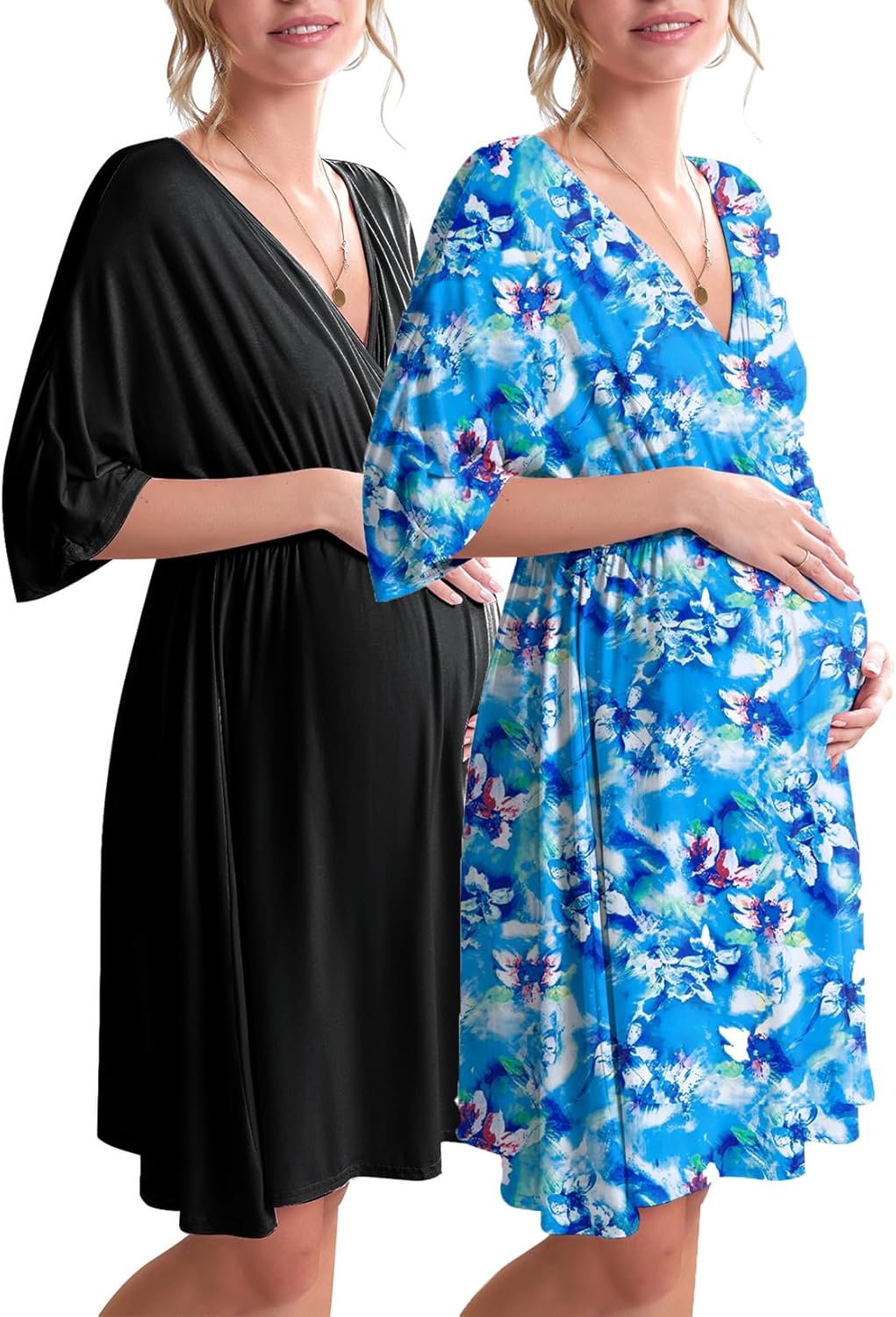 Ekouaer 3 in 1 Labor/Delivery/Hospital Gown 2 Pack Maternity Dress Nursing Nightgown Sleepwear