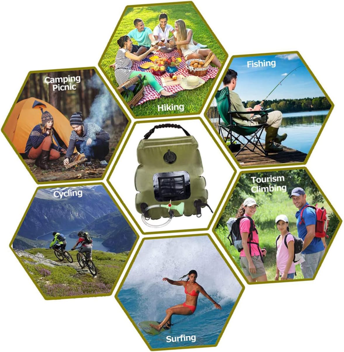 Mikinona Solar Camping Shower Bag Portable Outdoor Shower with Nozzle for Hiking Beach Travel and Outdoor Activities Olive Green Water Storage