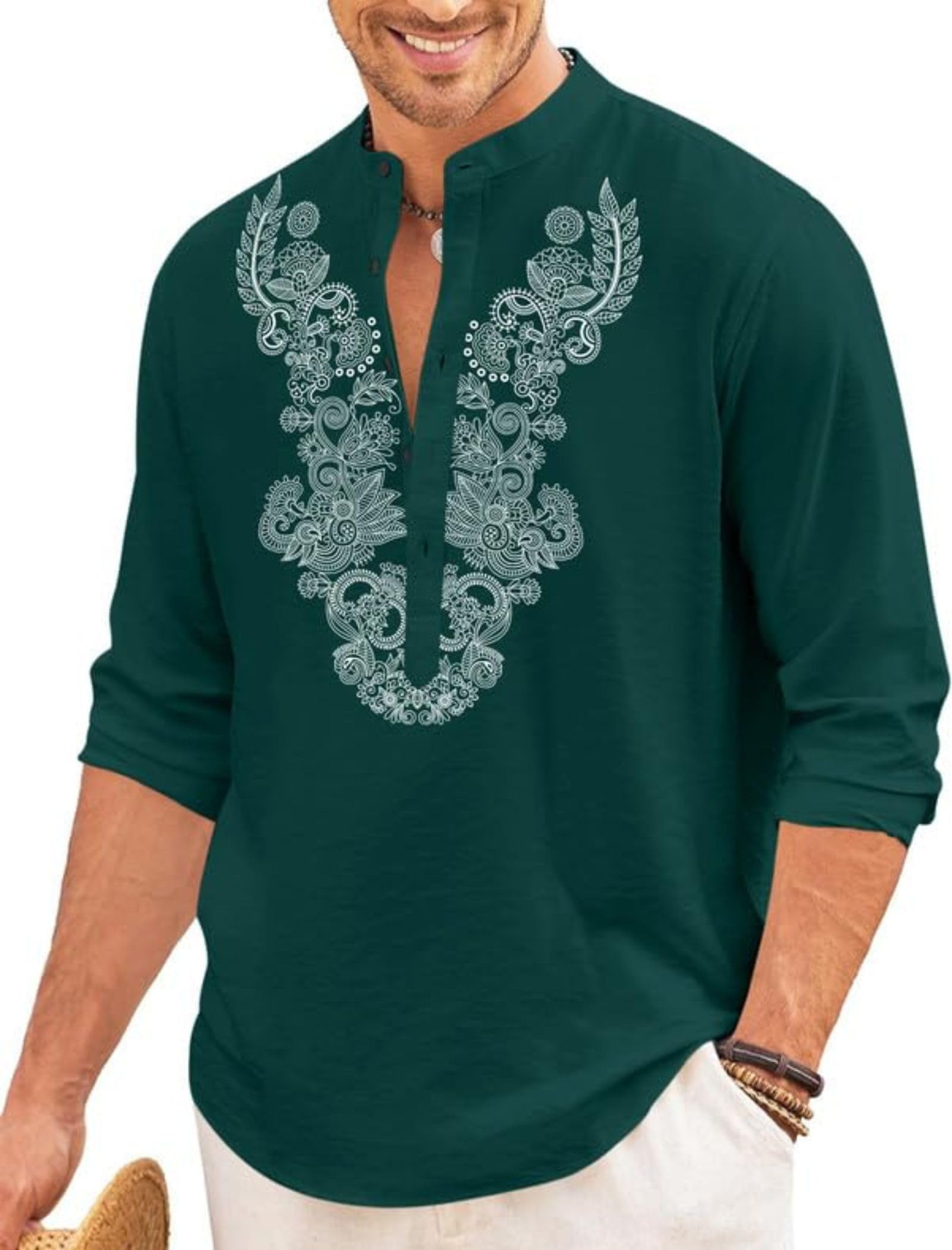 Finivo Fashion Men's Green ’S Cotton Blend Short Kurta With Full Sleeves And Ethnic Neck Design | Casual Crinkle Texture Kurta With Mandarin Collar, 3XL