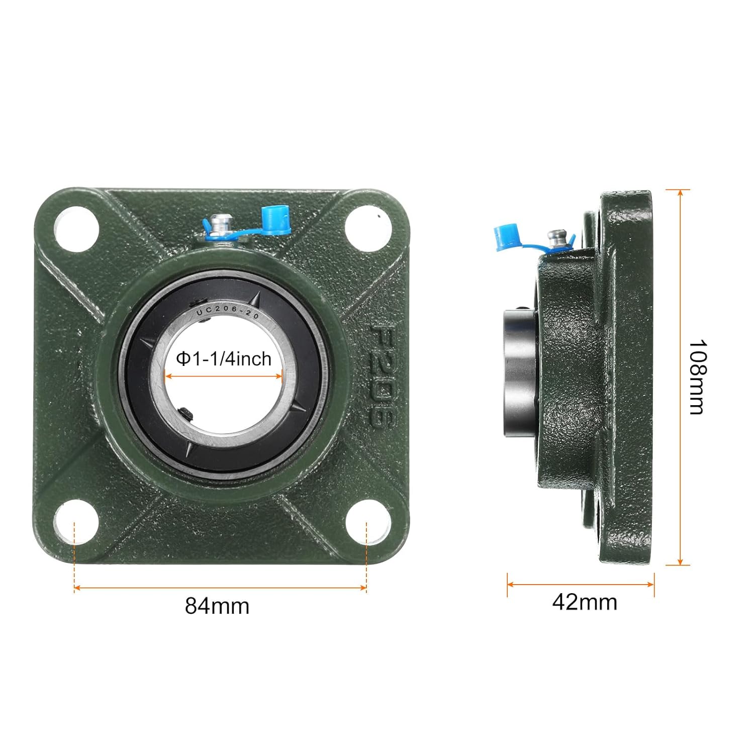 uxcell 2pcs UCF206-20 Pillow Block Bearings 1-1/4 inch Bore Self Alignment, Solid Cast Iron Base Square Flange Mounted Chrome Steel Bearings
