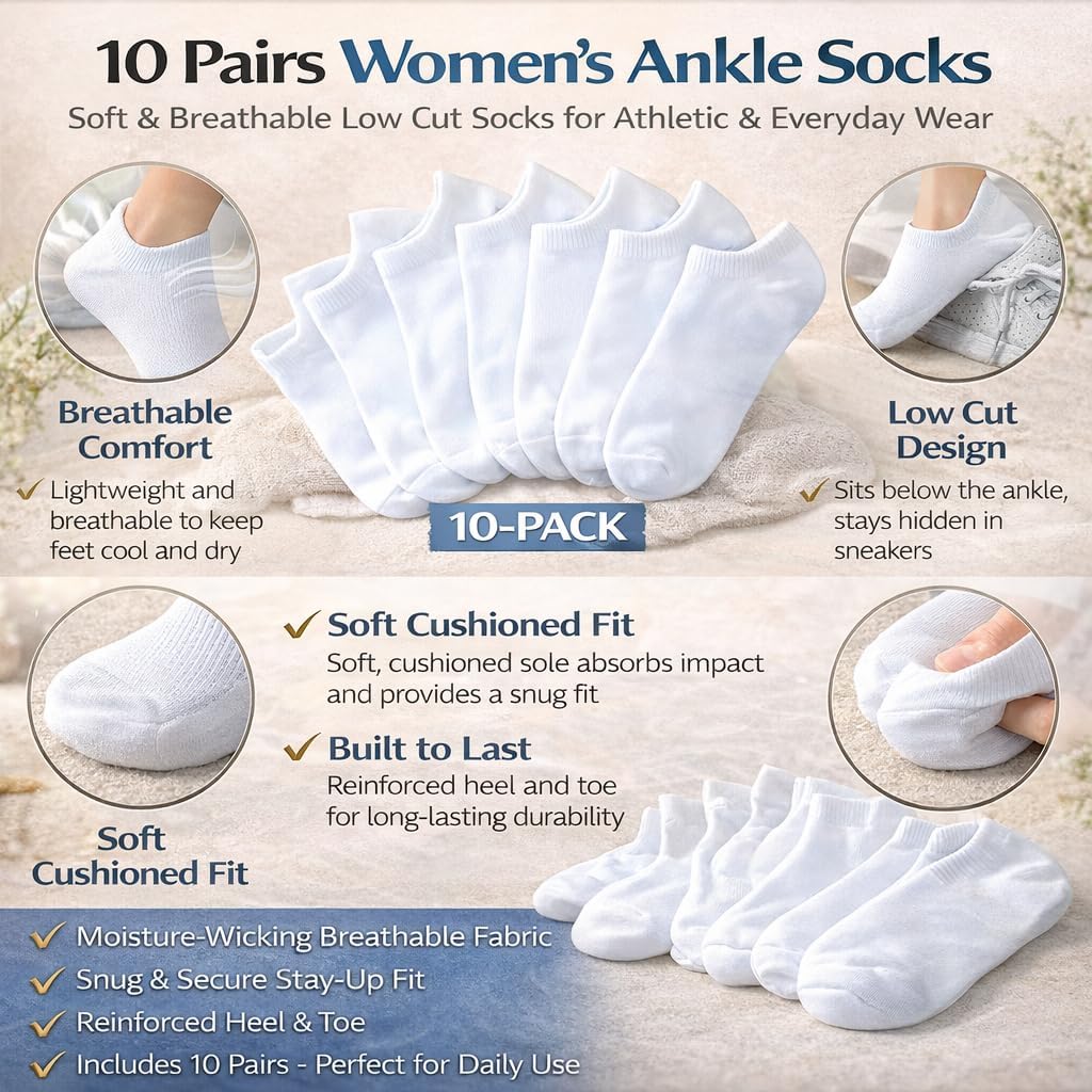 10 Pairs Women's Athletic Ankle Socks, Cushioned Low Cut Running Socks for Women, Breathable Moisture Wicking Sports Socks for Workout, Gym, Walking & Everyday Casual Wear (White)