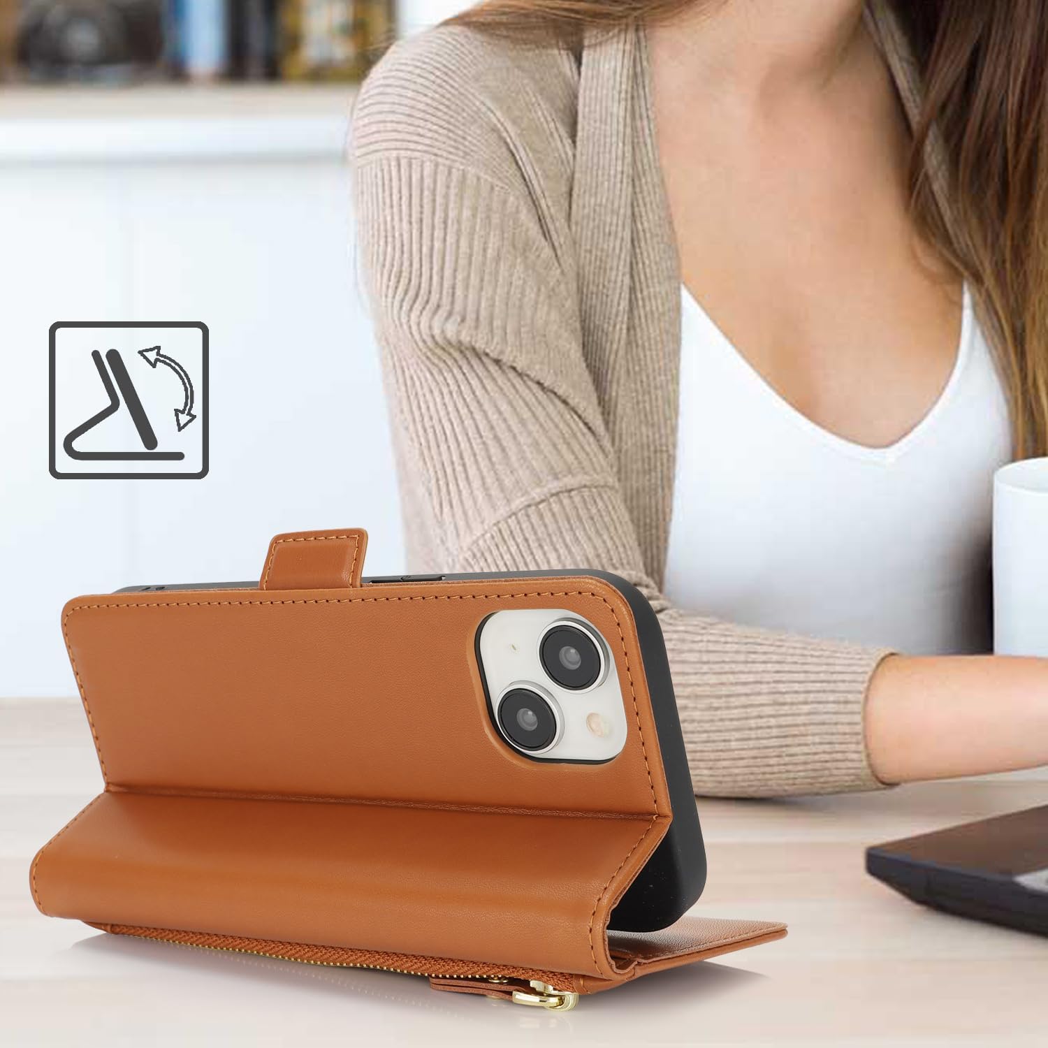 Ｈａｖａｙａ for iPhone 13 case with Card Holder Zipper for Women Men iPhone 14 case Wallet Flip Folio Credit Card Slots Stand Shockproof PU Leather Phone Cover(6.1")-Brown