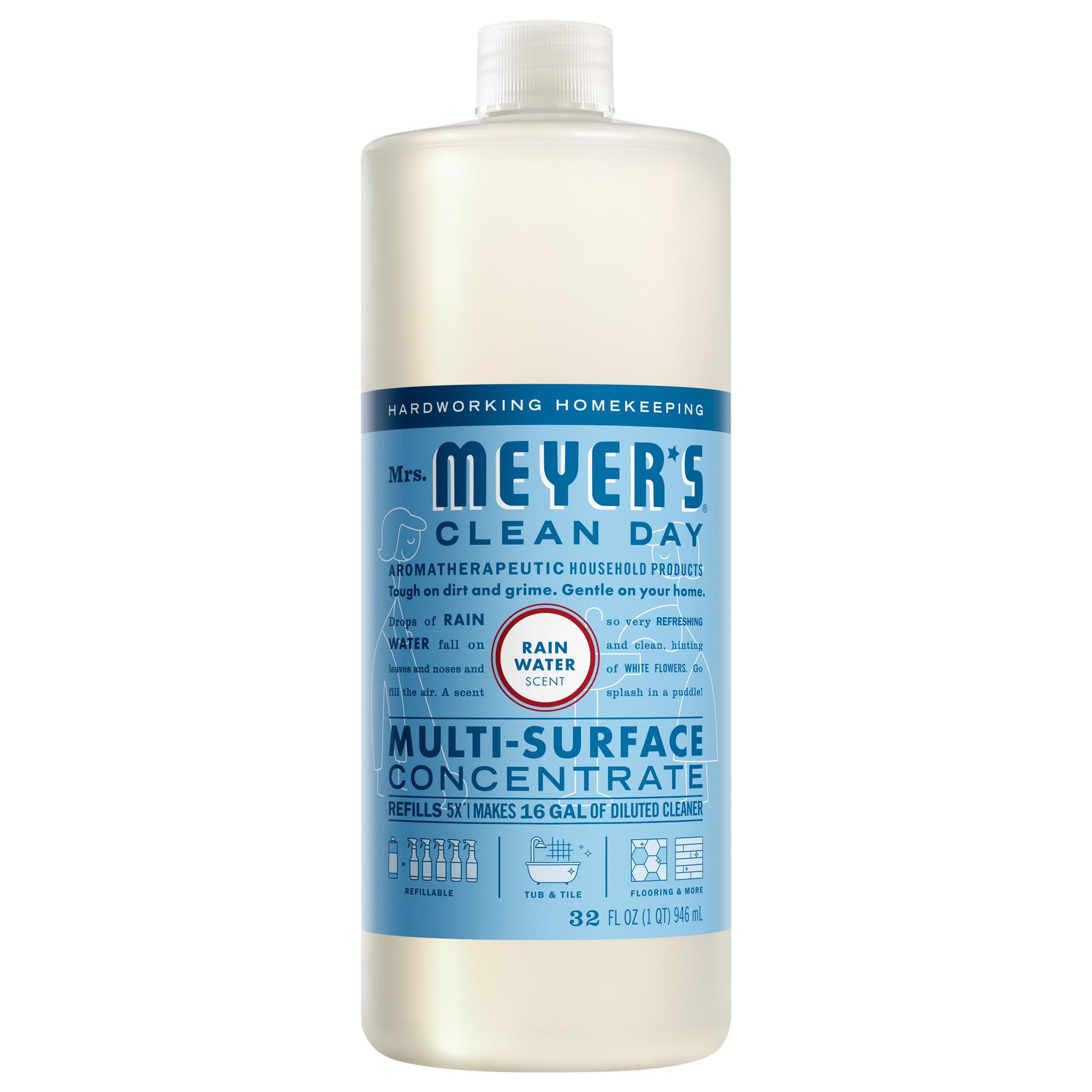 MRS. MEYER'S CLEAN DAY Multi-Surface Cleaner Concentrate, Rain Water, 32 oz | Dilute with Water for Powerful Cleaner, Makes Up to 16 Gallons per Bottle, Removes Dirt and Freshens Surfaces