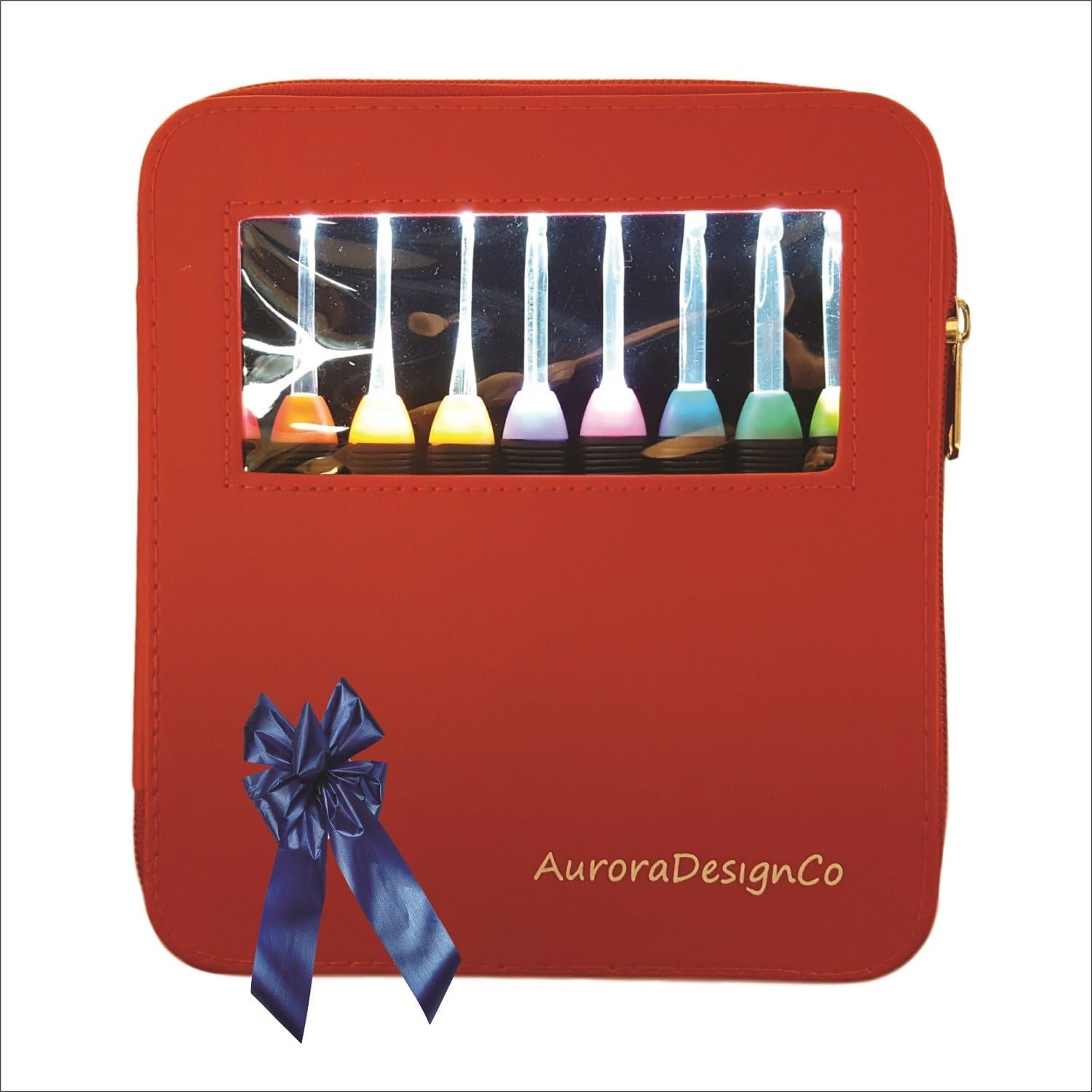 AuroraDesignCo Lighted Crochet Hooks Full Set of 9 pcs & Case – Comfortable Soft Grips with 9 Precision Crochet Light Up Hooks/Sizes 2.5mm to 6.5mm / Perfect for Dark Yarn or Low Light (RED)