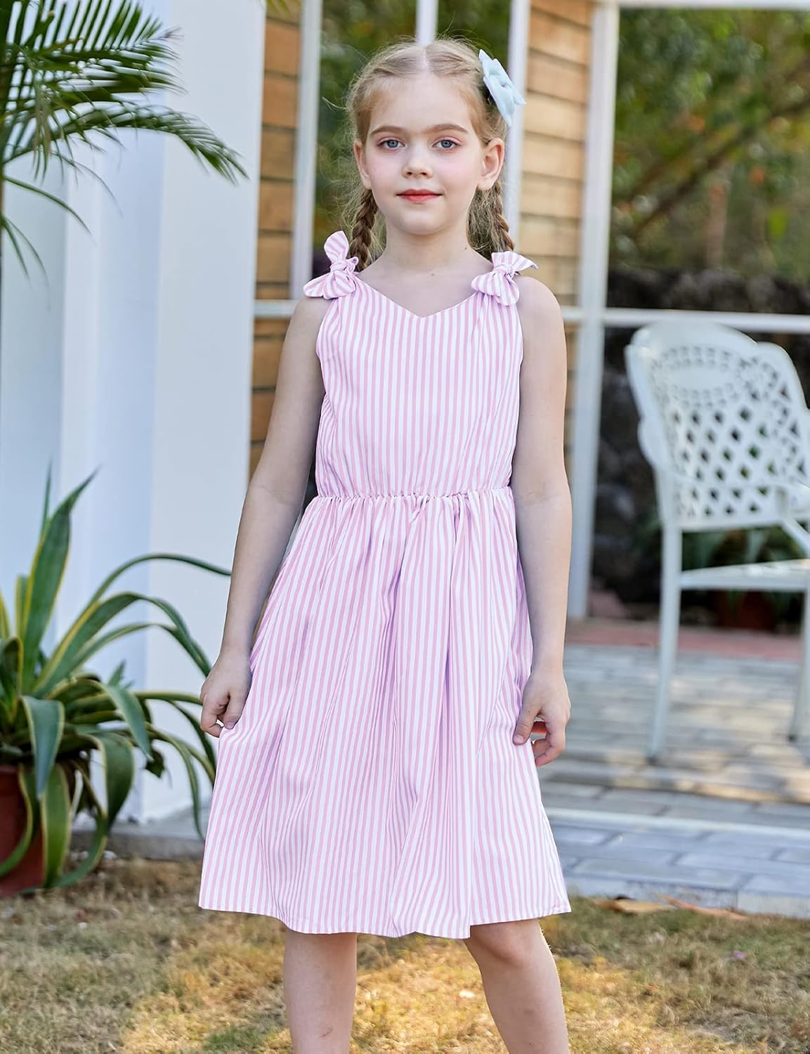 Enlifety 3-10T Girls Dresses Sleeveless Summer Dress Bowknot Strap V Neck Sundress