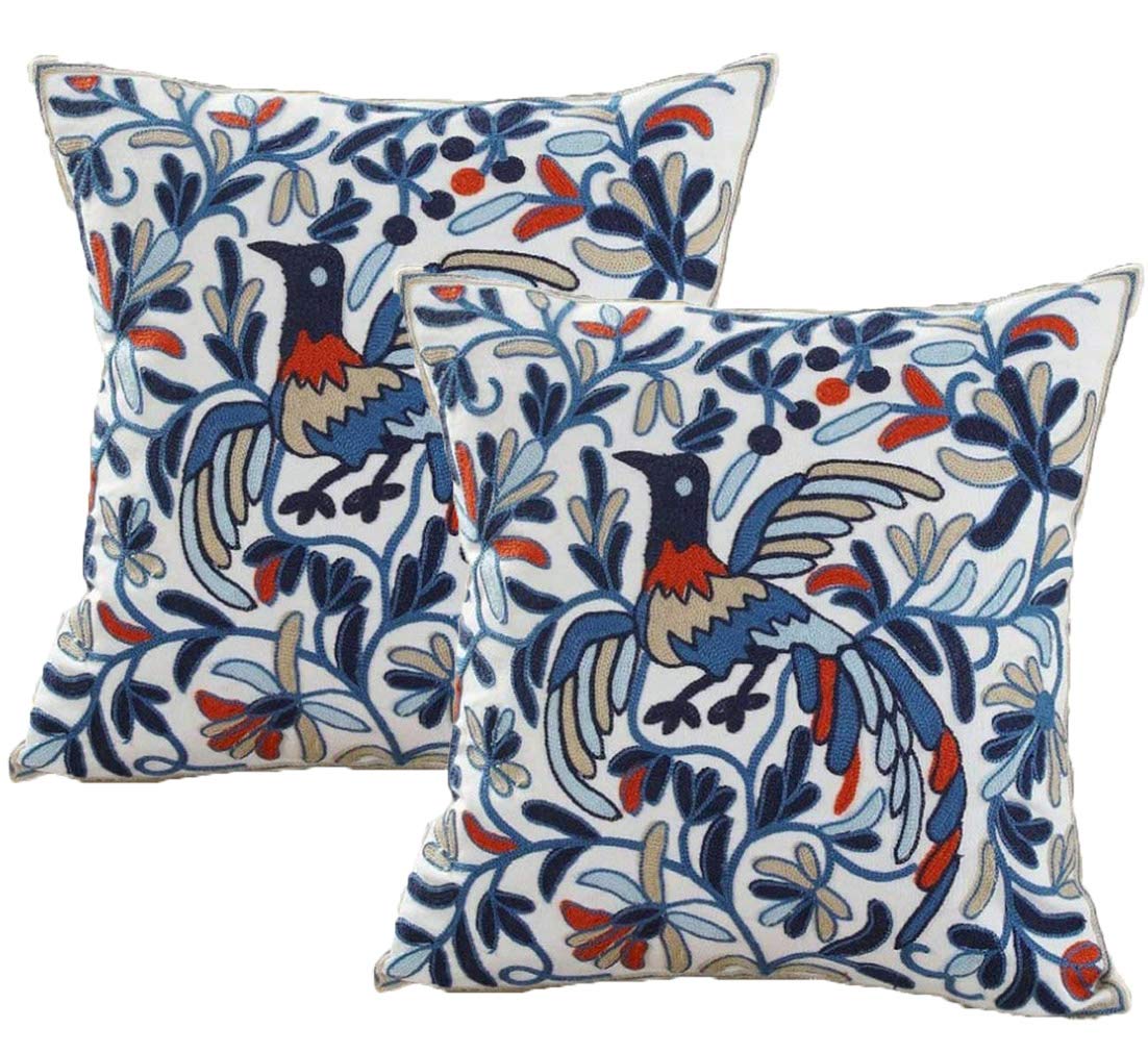 2PCS 45cmx45cm Blue Cushion Cover Embroidered Cotton Linen Decorative Throw Pillow Cover Cushion Case Pillow Case Blue 2PCS