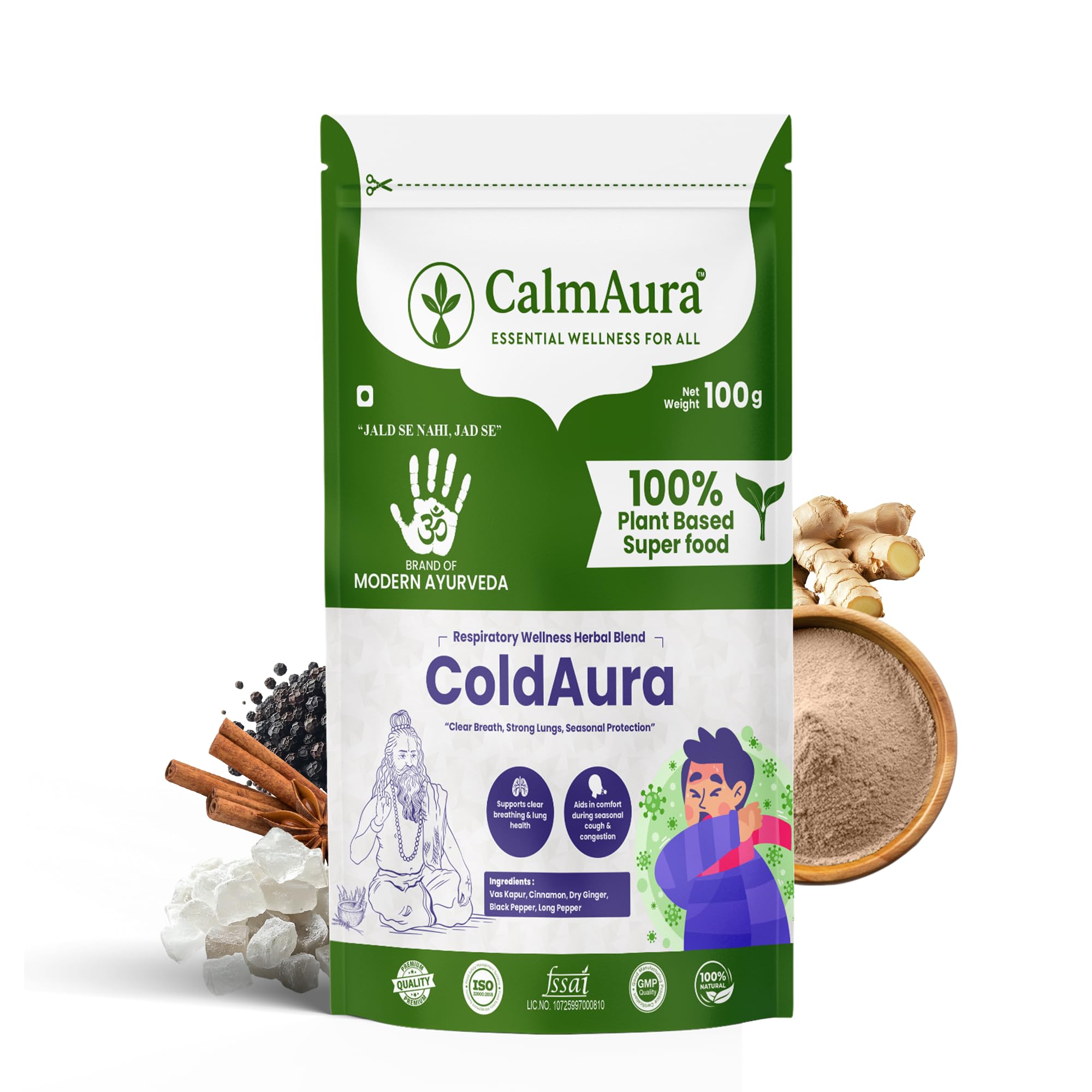 CalmAura ColdAura Ayurvedic Respiratory Support Powder 100g | Herbal Cough Cold Care, Lung Wellness, Expectorant & Immunity Support with Vas Kapur Ginger Pepper | Vegan-image-16
