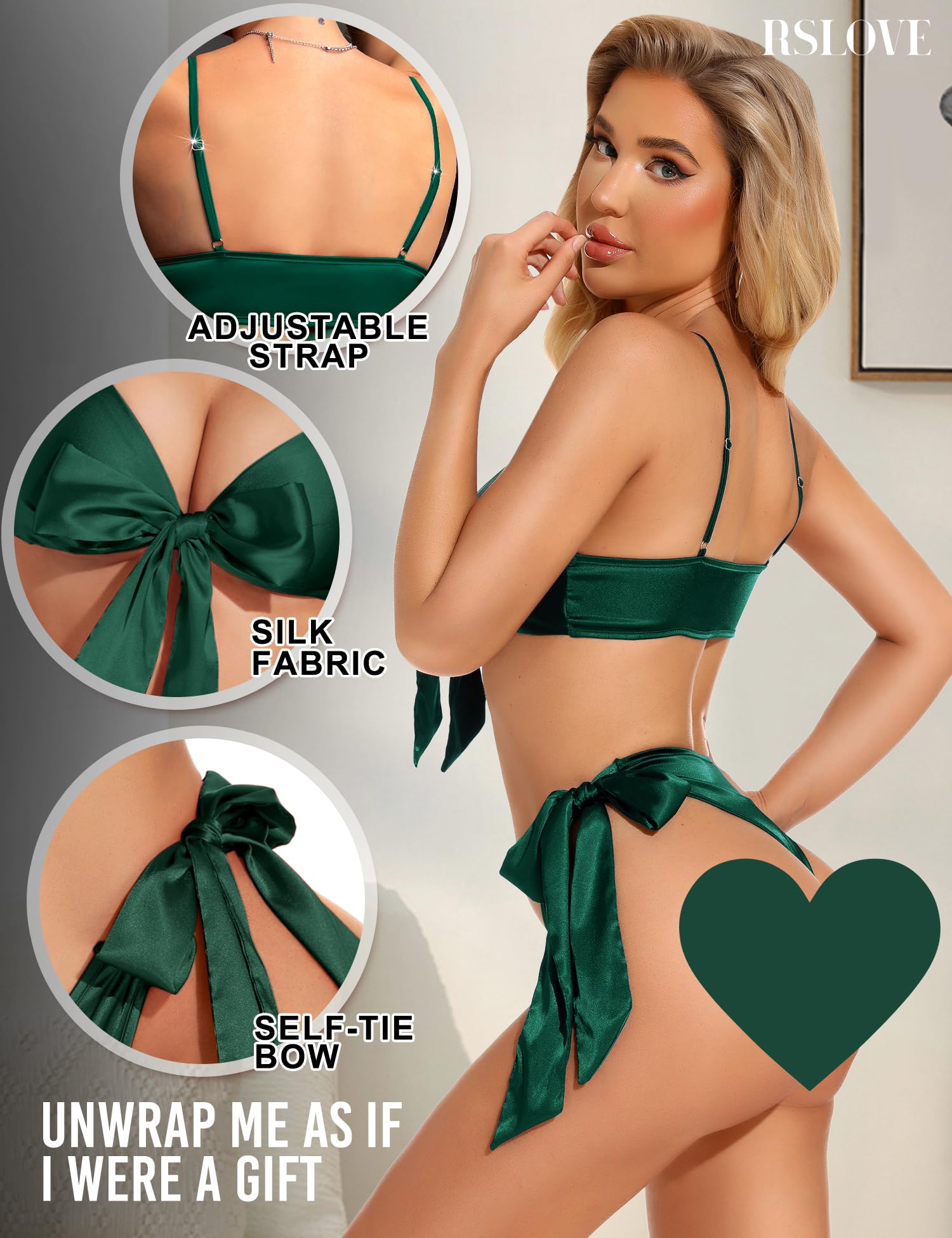 RSLOVE Women Sexy Lingerie Set Satin Bow Tie 2 Piece Bra and Panty Sets: Medium Dark Green